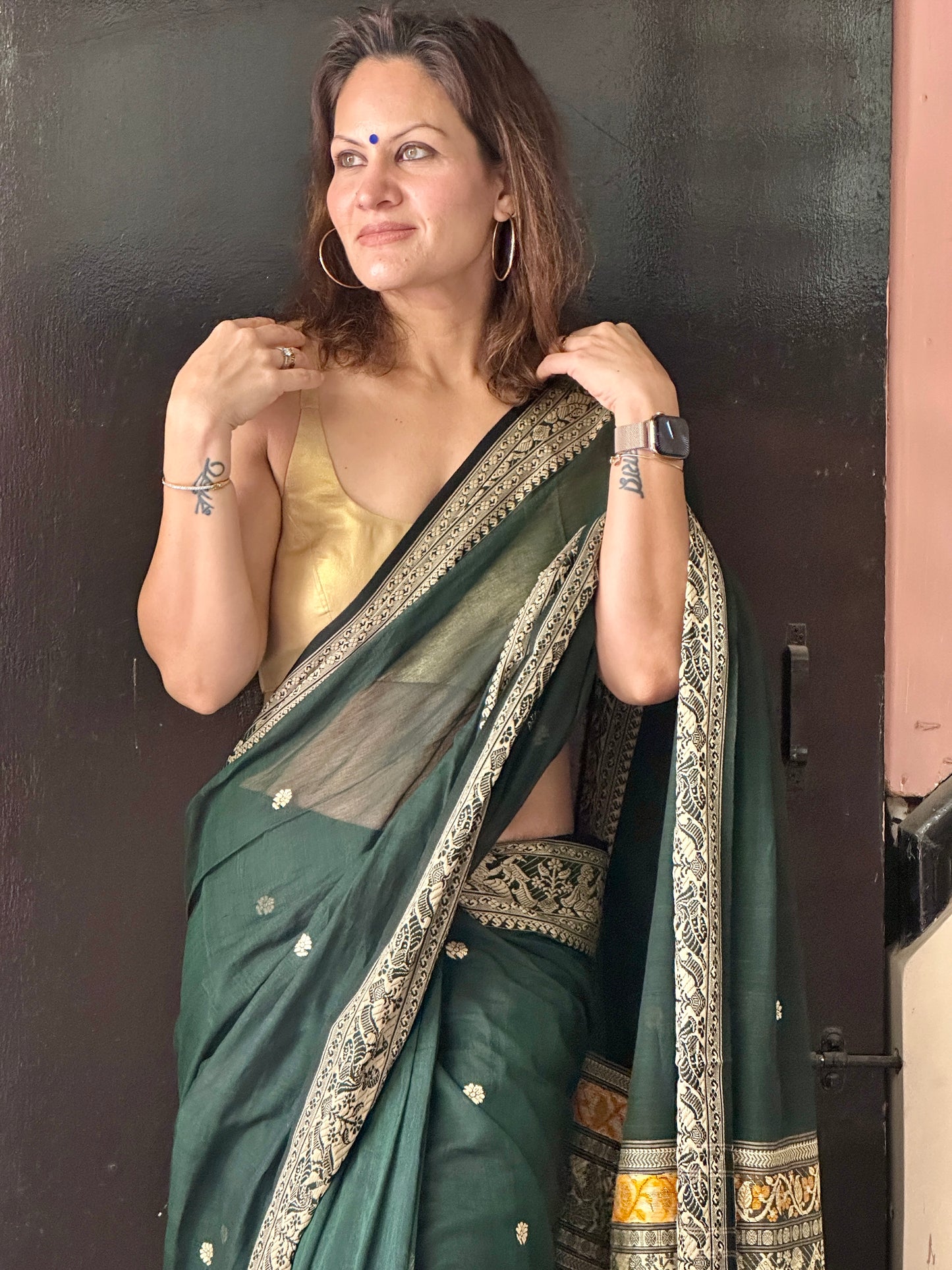 Green Pure Cotton Baluchari Saree with Weaving