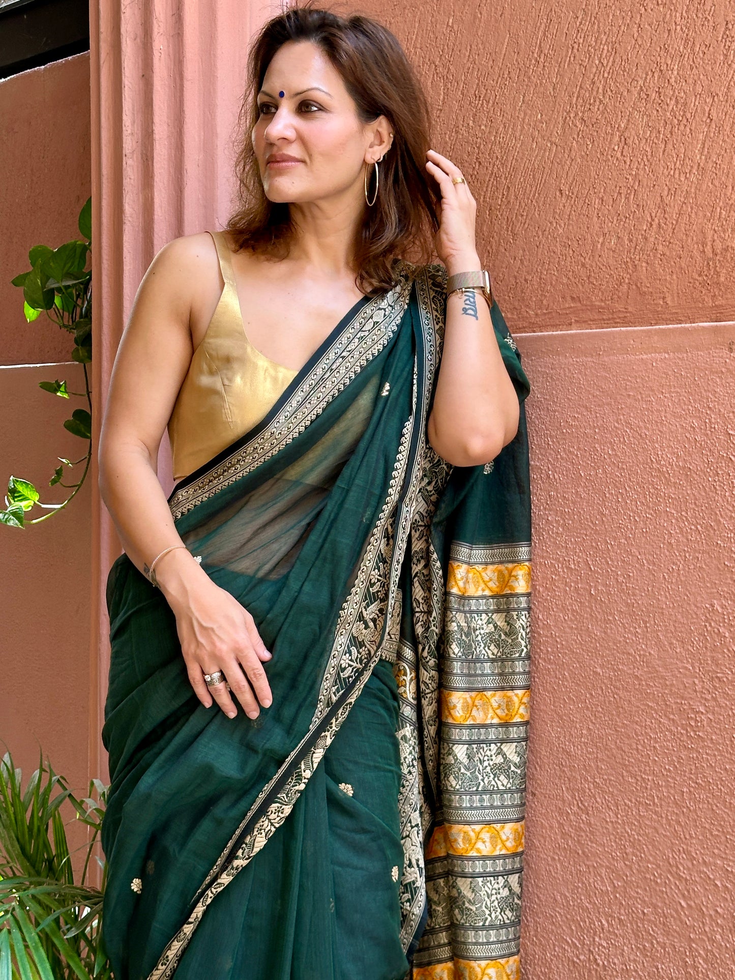 Green Pure Cotton Baluchari Saree with Weaving