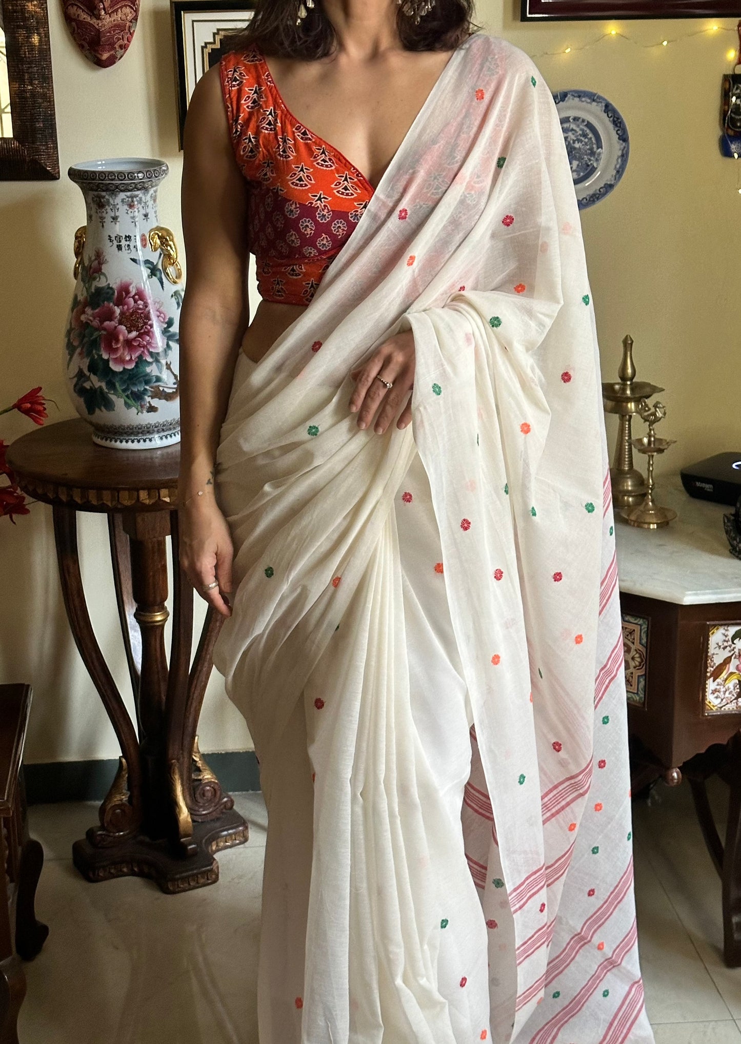 Hand spun pure Cotton jamdani sari with Butis - Raahini