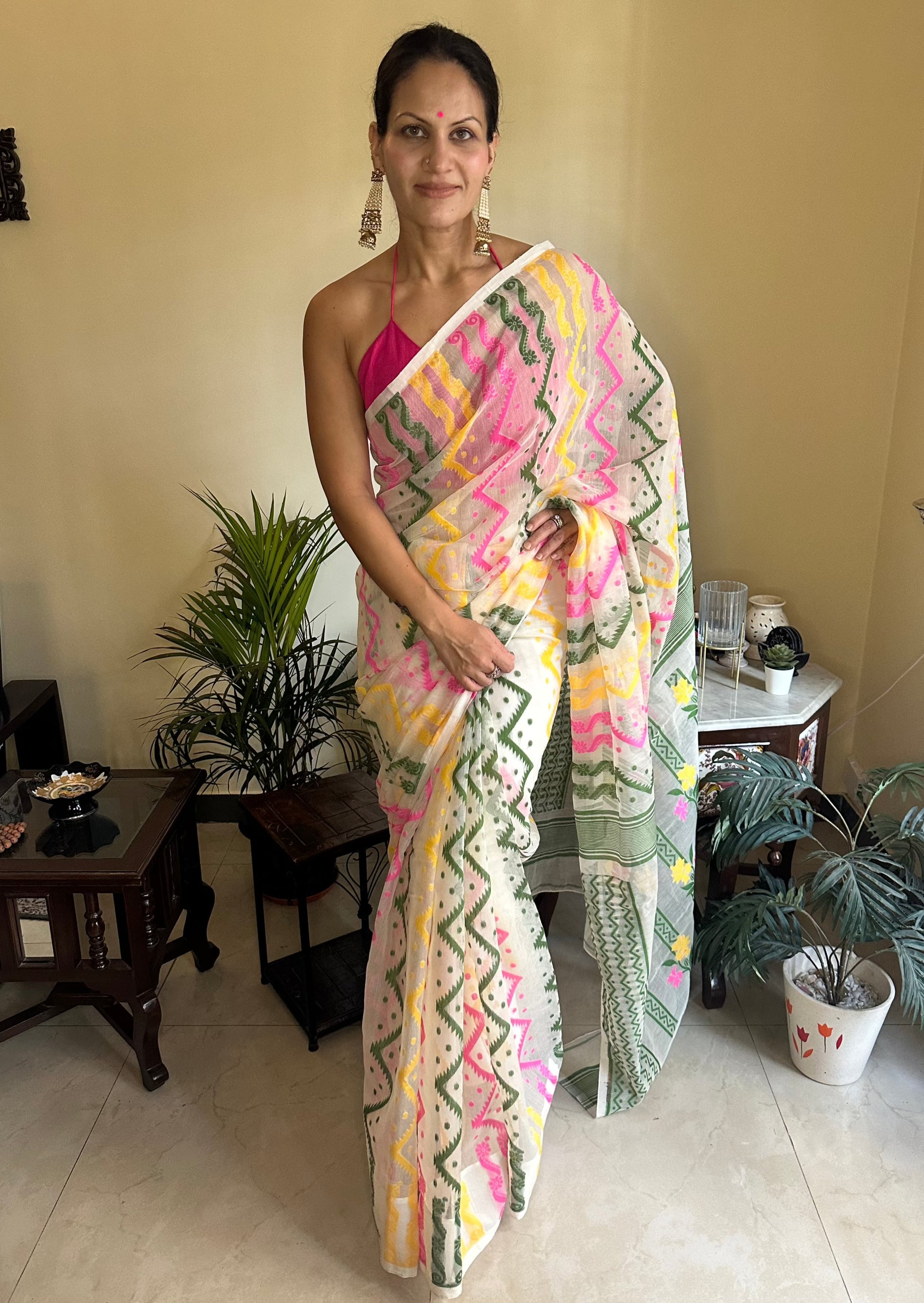 Multicolour Jacquard Weaving Cotton Silk Jamdani - Raahini