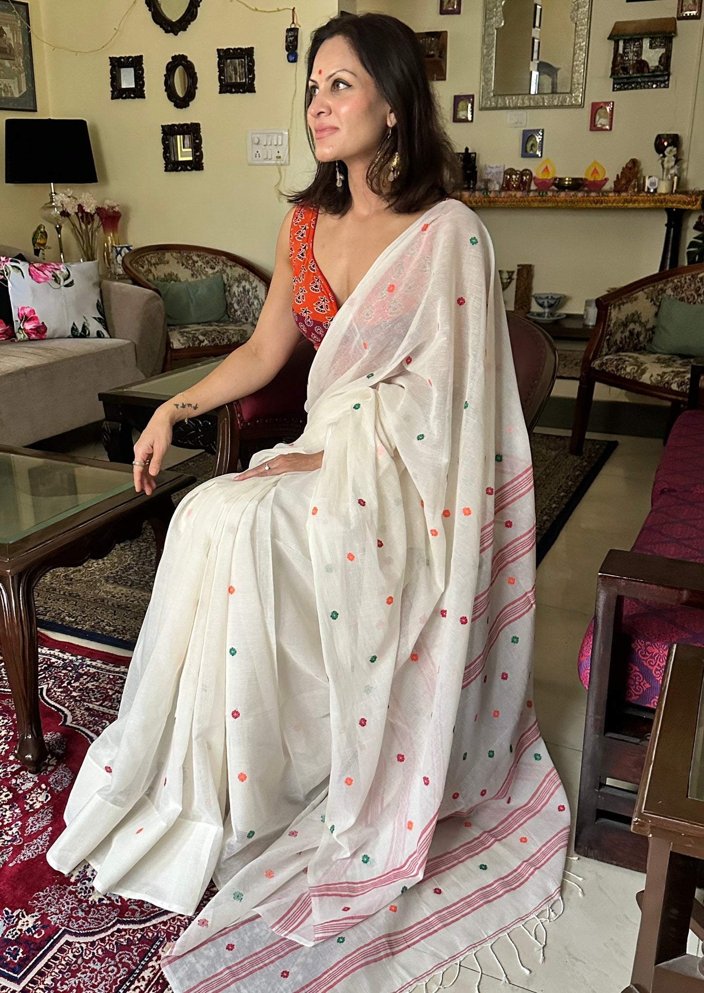 Hand spun pure Cotton jamdani sari with Butis - Raahini