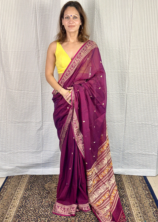 Magenta Pure Cotton Baluchari Saree with Weaving