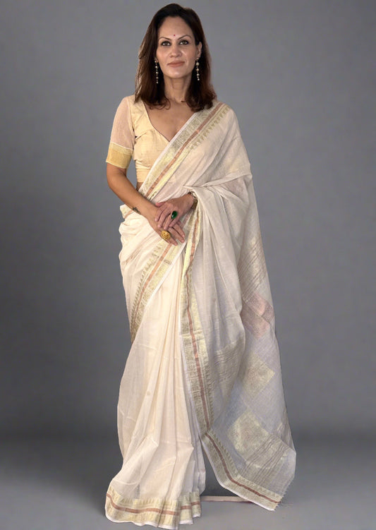 Cream Pure Cotton Baluchari Sari with Gold & Copper Zari Work - Raahini