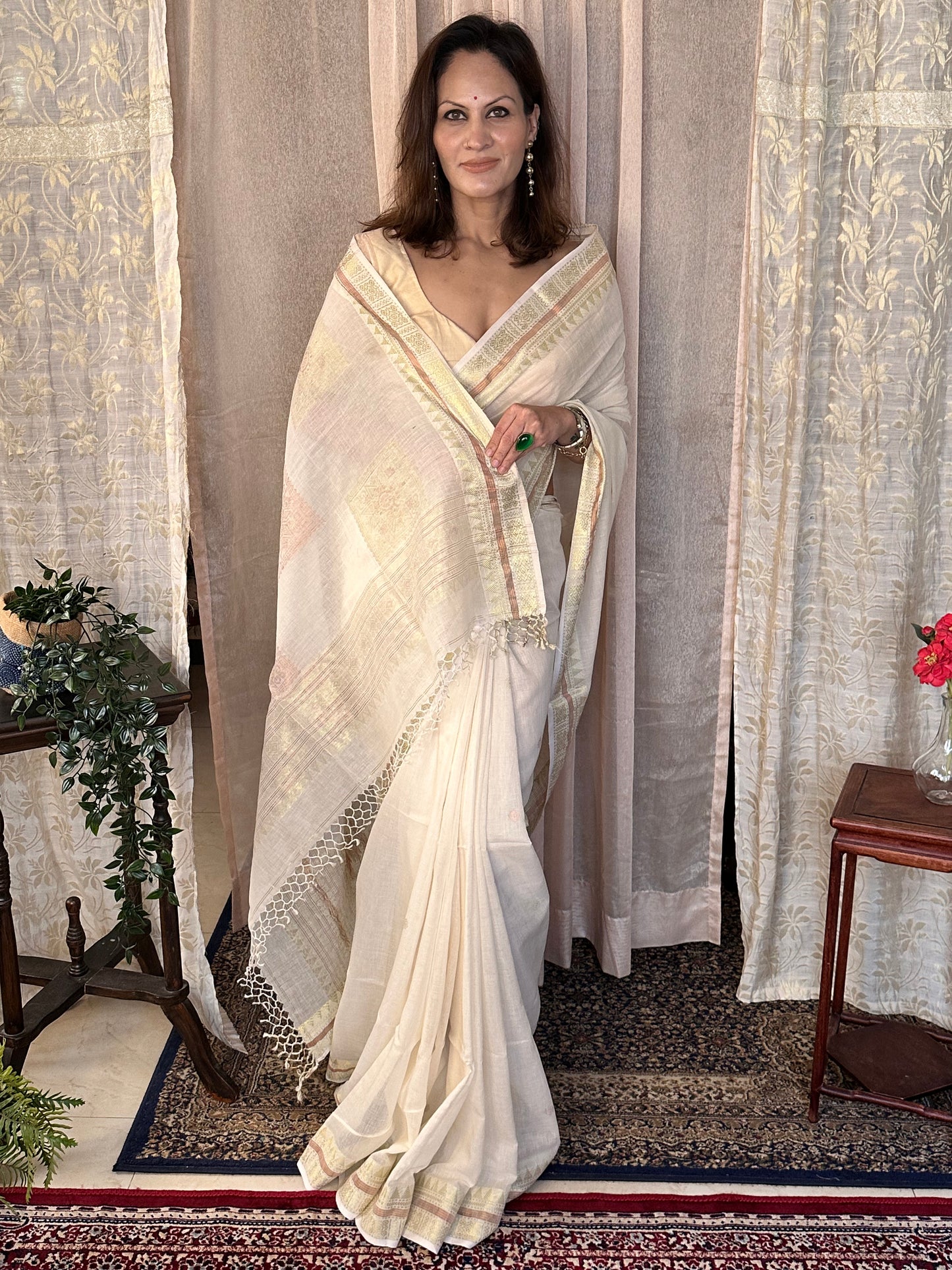 Cream Pure Cotton Baluchari Sari with Gold & Copper Zari Work - Raahini