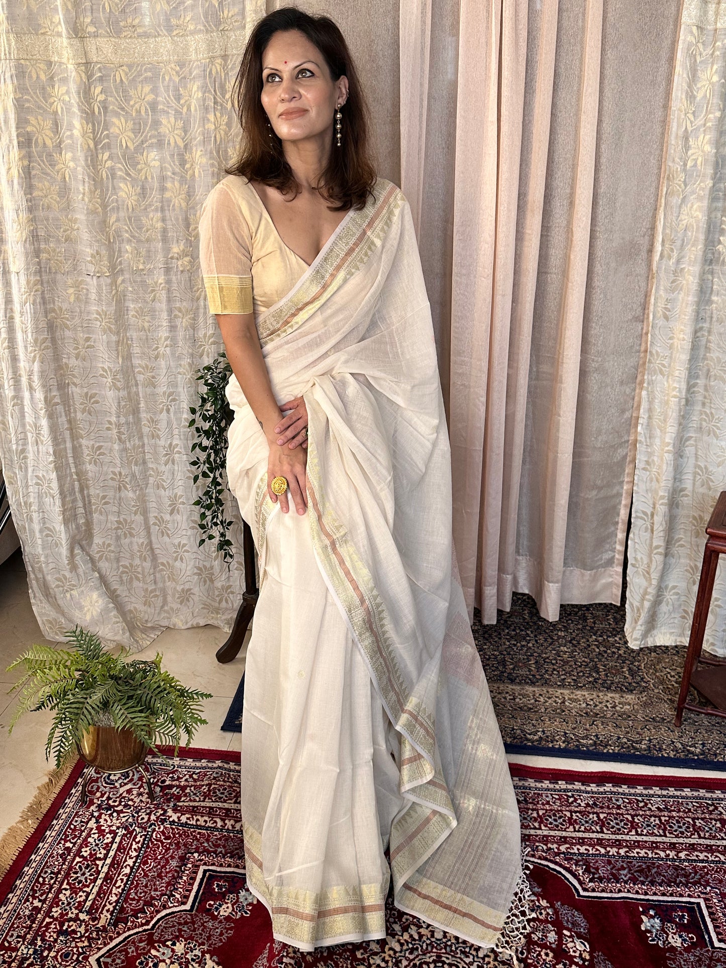 Cream Pure Cotton Baluchari Sari with Gold & Copper Zari Work - Raahini