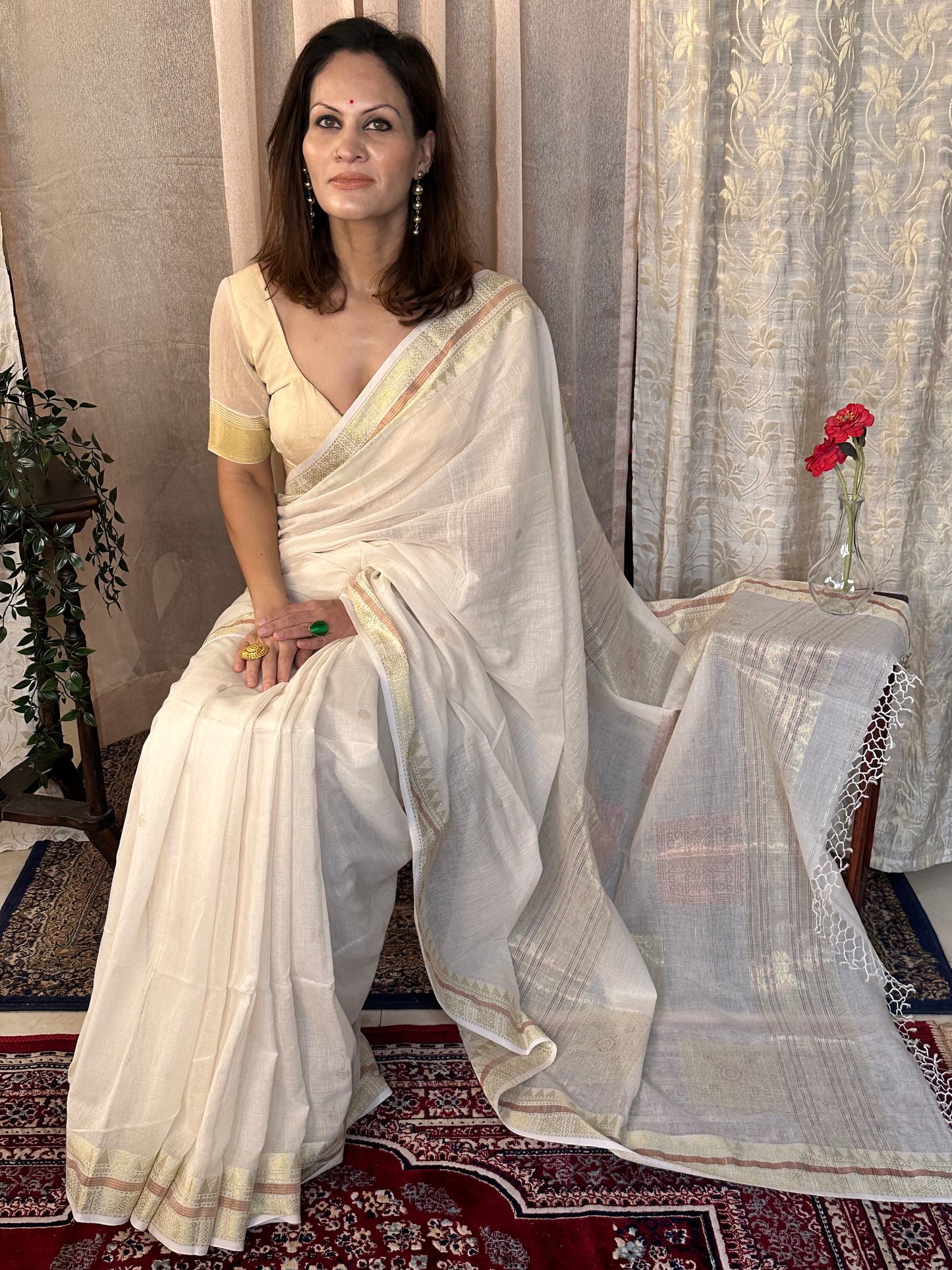 Cream Pure Cotton Baluchari Sari with Gold & Copper Zari Work - Raahini