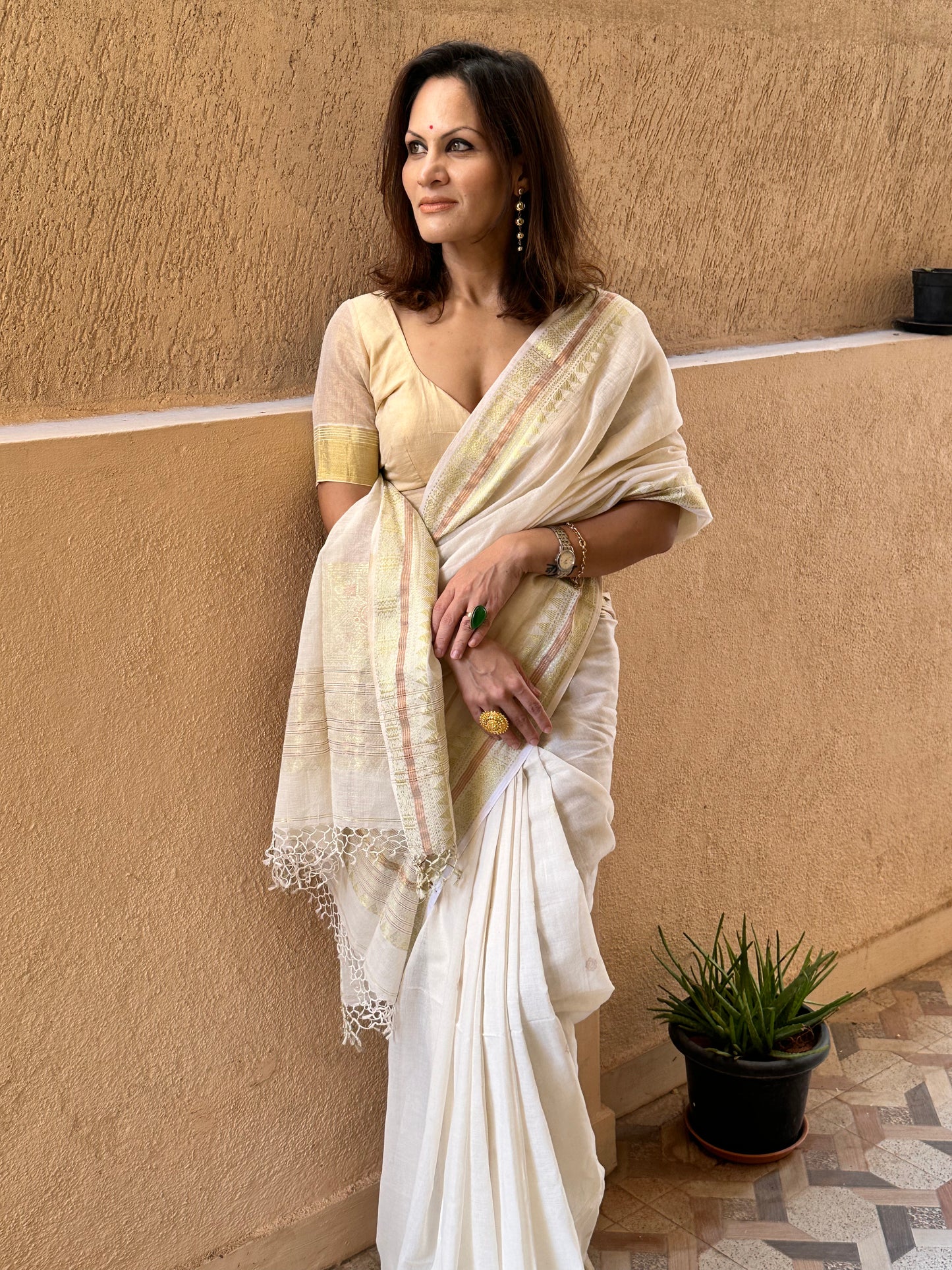 Cream Pure Cotton Baluchari Sari with Gold & Copper Zari Work - Raahini