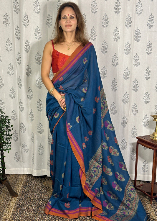 Blue Pure Cotton Handloom Super Soft Jamdani Sari with Woven Motifs