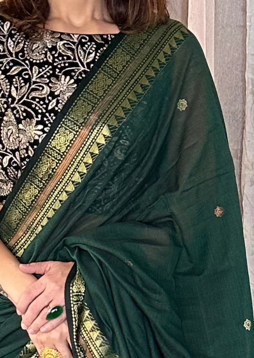 Green Pure Cotton Baluchari Sari with Gold & Copper Zari Work - Raahini