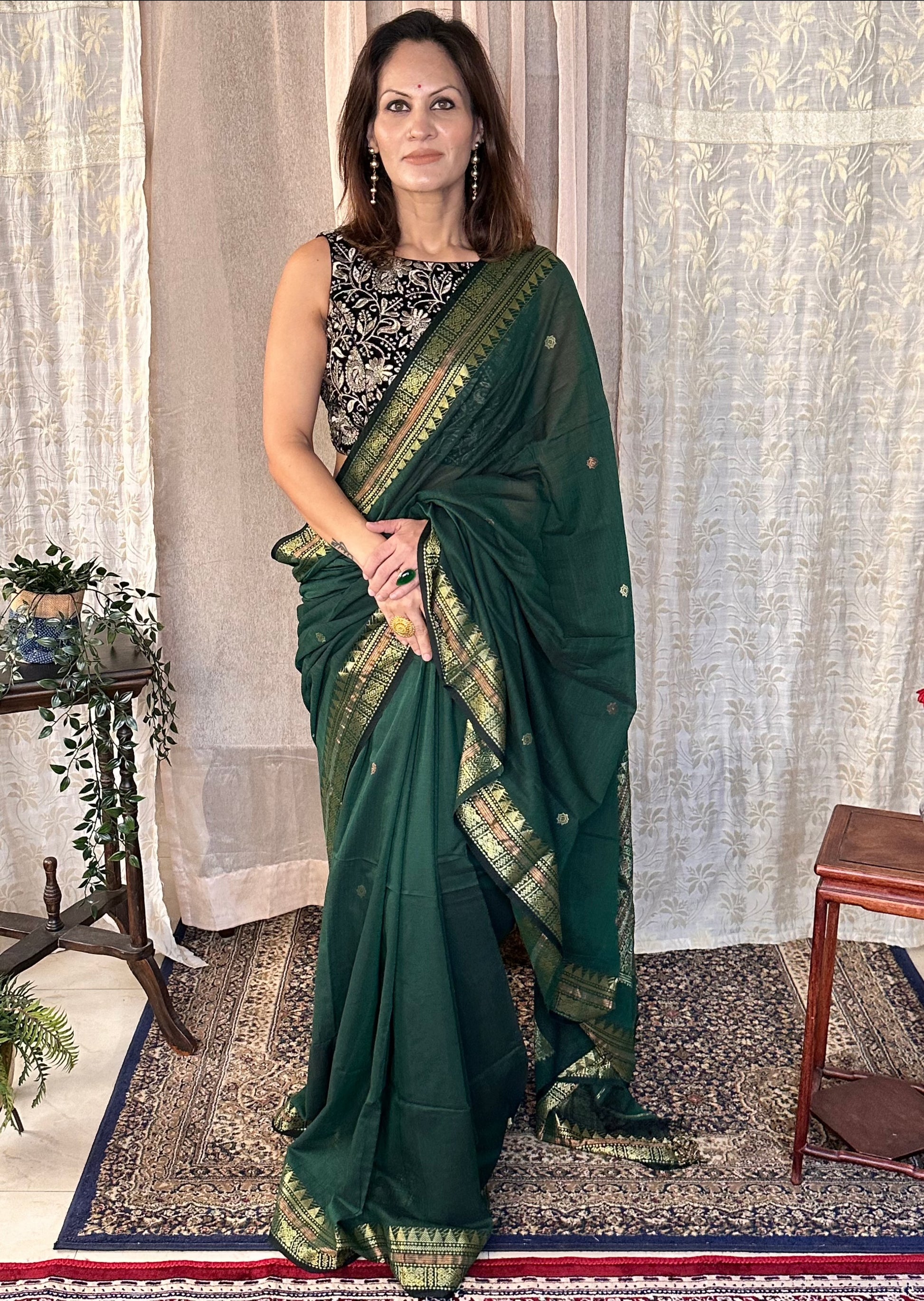 Green Pure Cotton Baluchari Sari with Gold & Copper Zari Work - Raahini