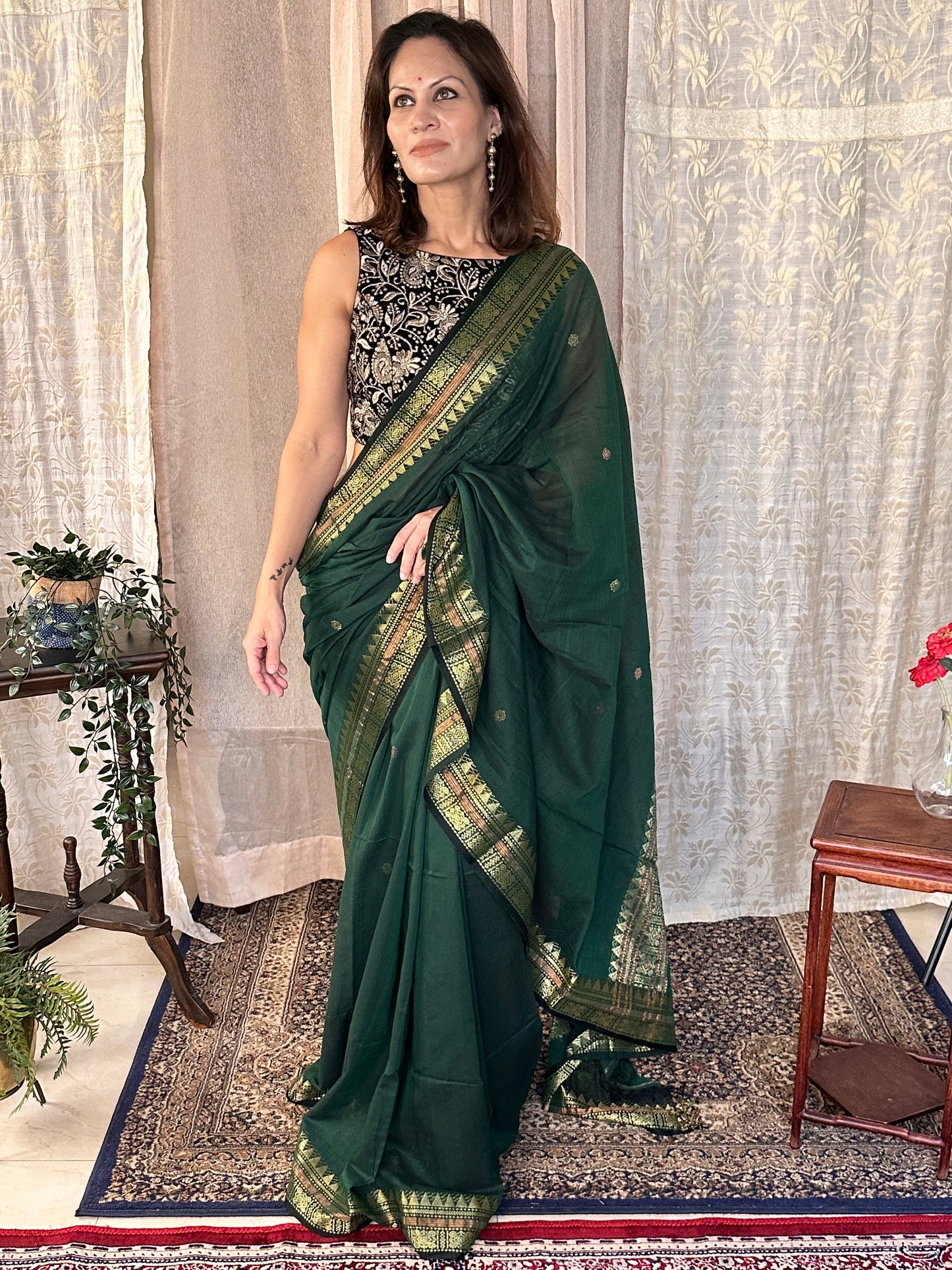 Green Pure Cotton Baluchari Sari with Gold & Copper Zari Work - Raahini