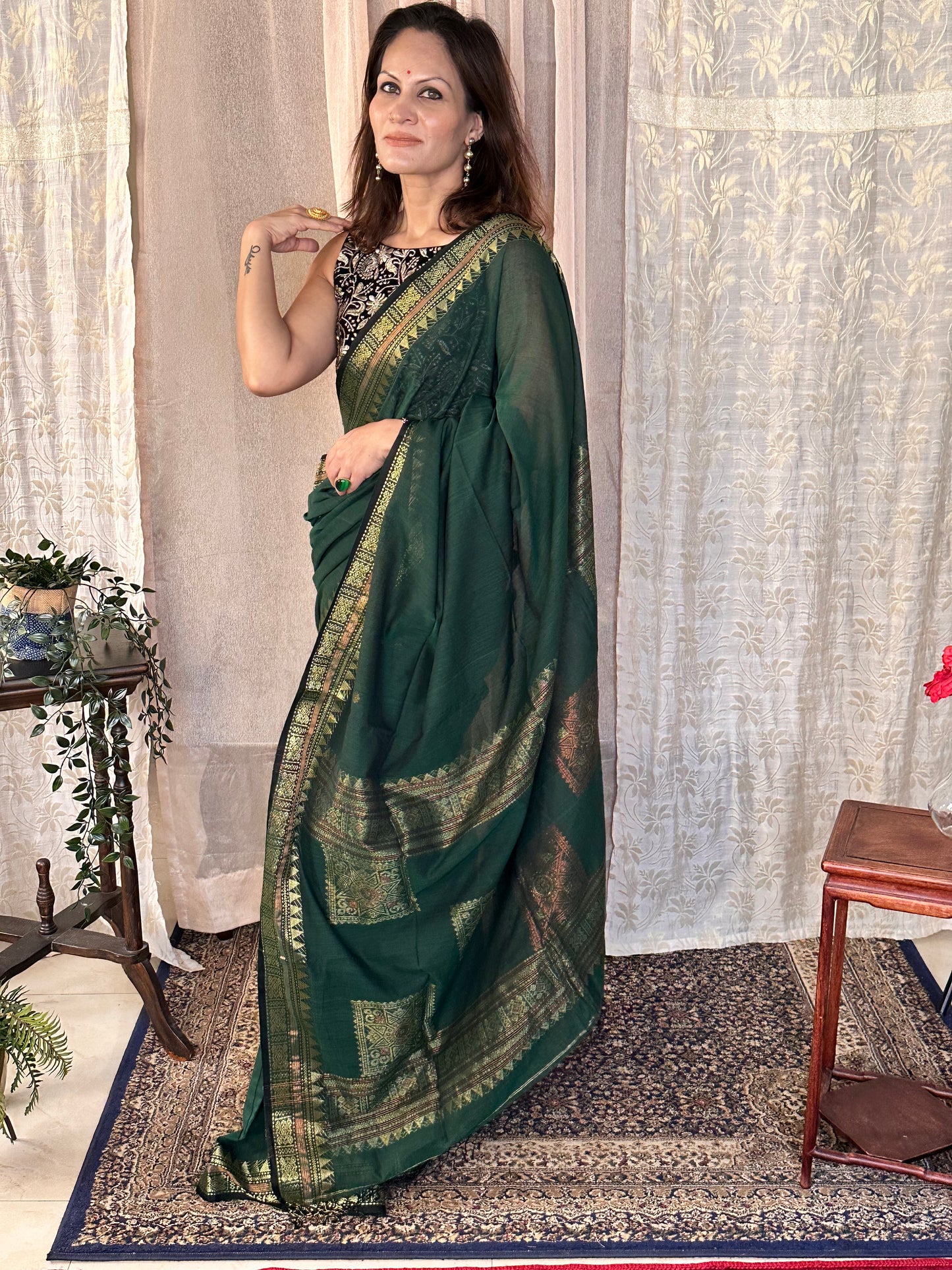 Green Pure Cotton Baluchari Sari with Gold & Copper Zari Work - Raahini