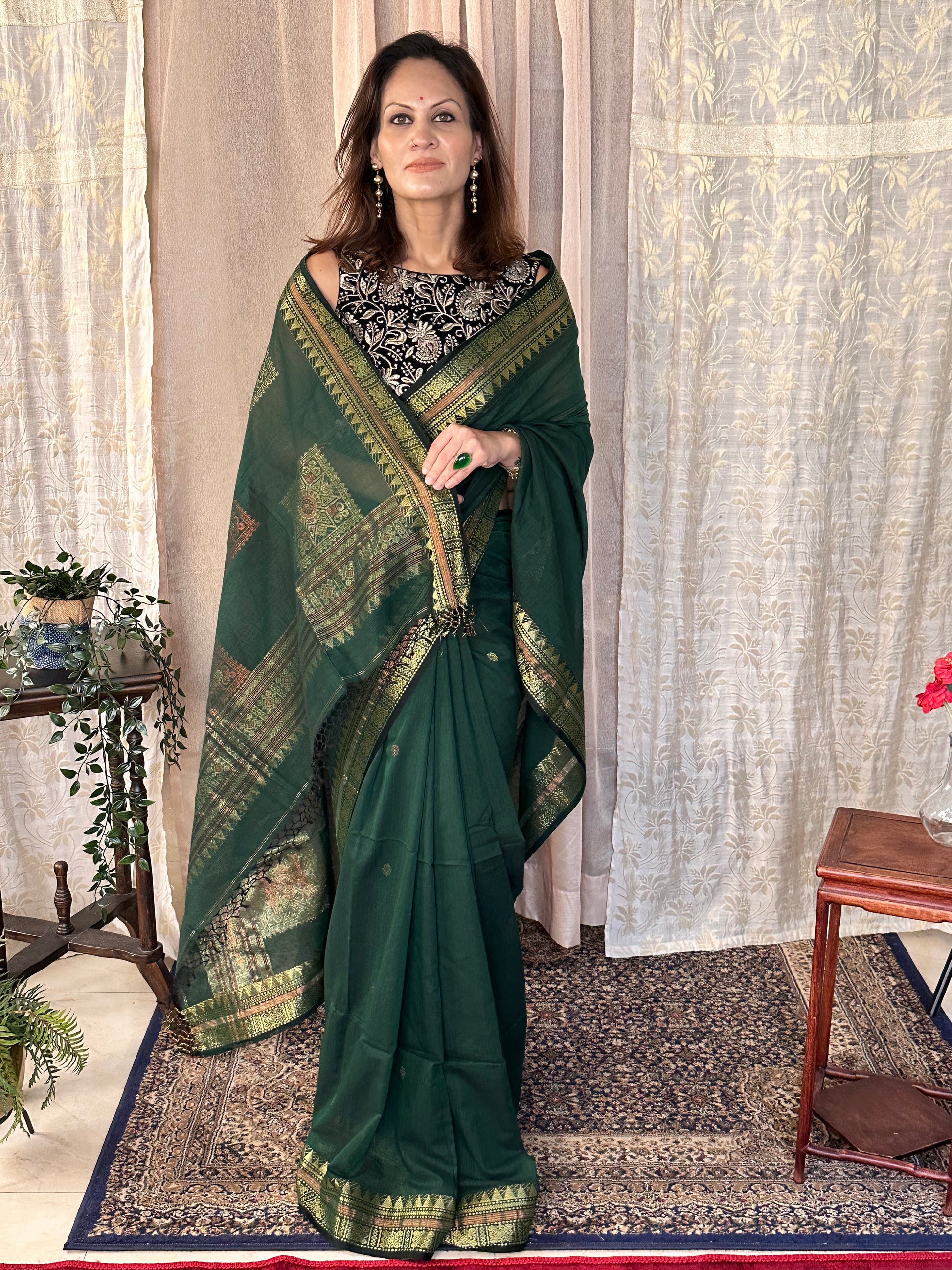 Green Pure Cotton Baluchari Sari with Gold & Copper Zari Work - Raahini