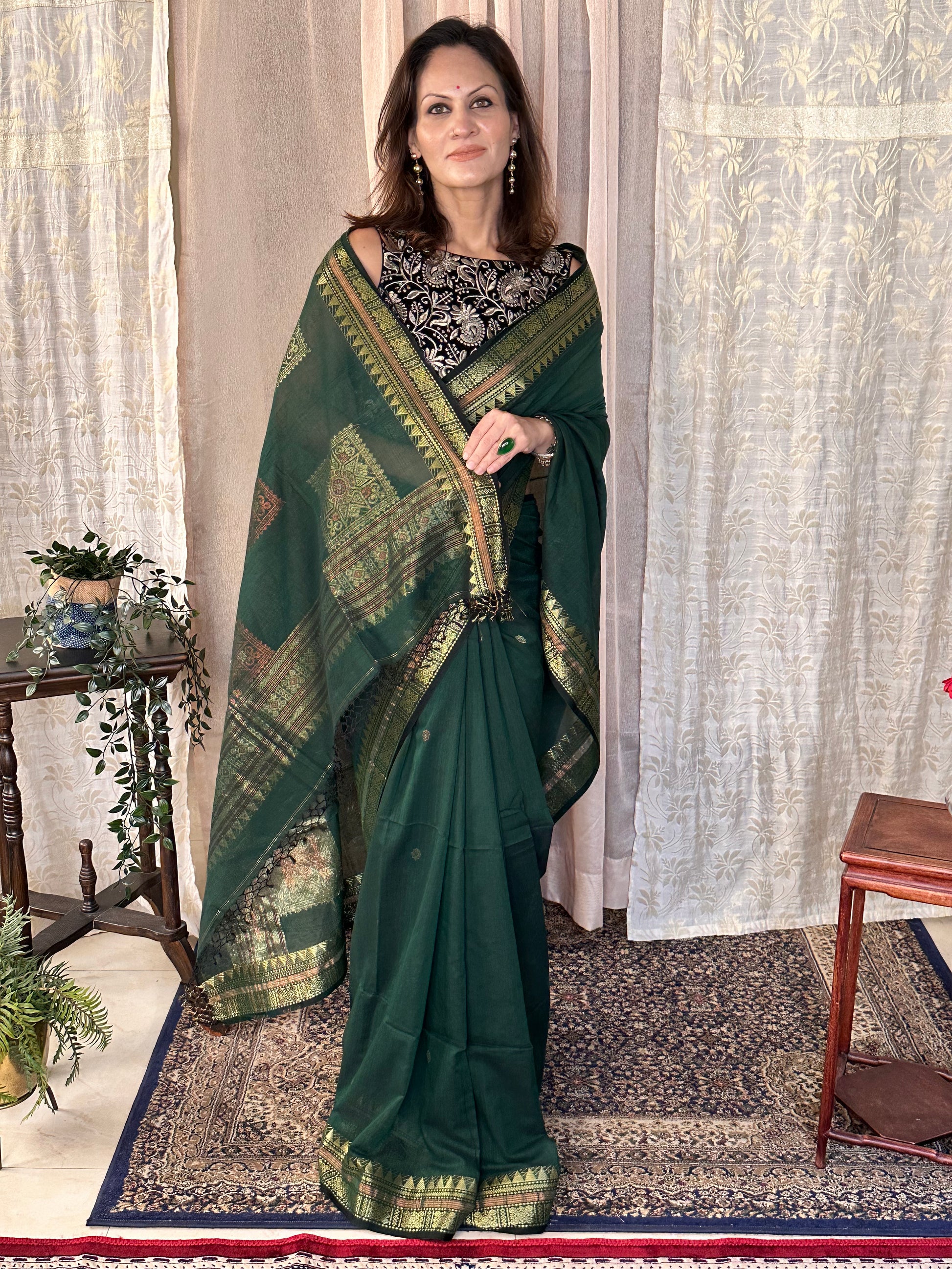 Green Pure Cotton Baluchari Sari with Gold & Copper Zari Work - Raahini