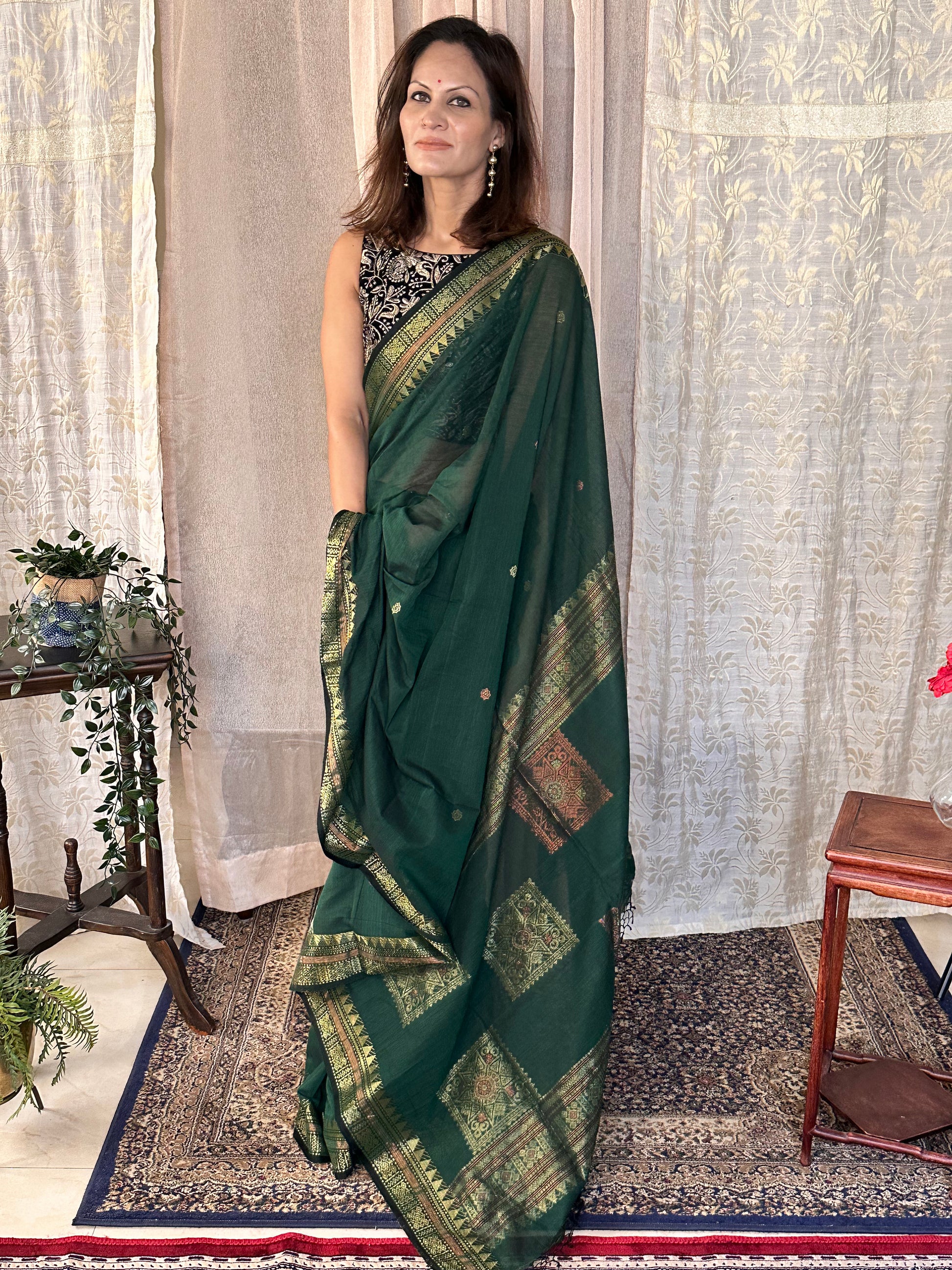 Green Pure Cotton Baluchari Sari with Gold & Copper Zari Work - Raahini