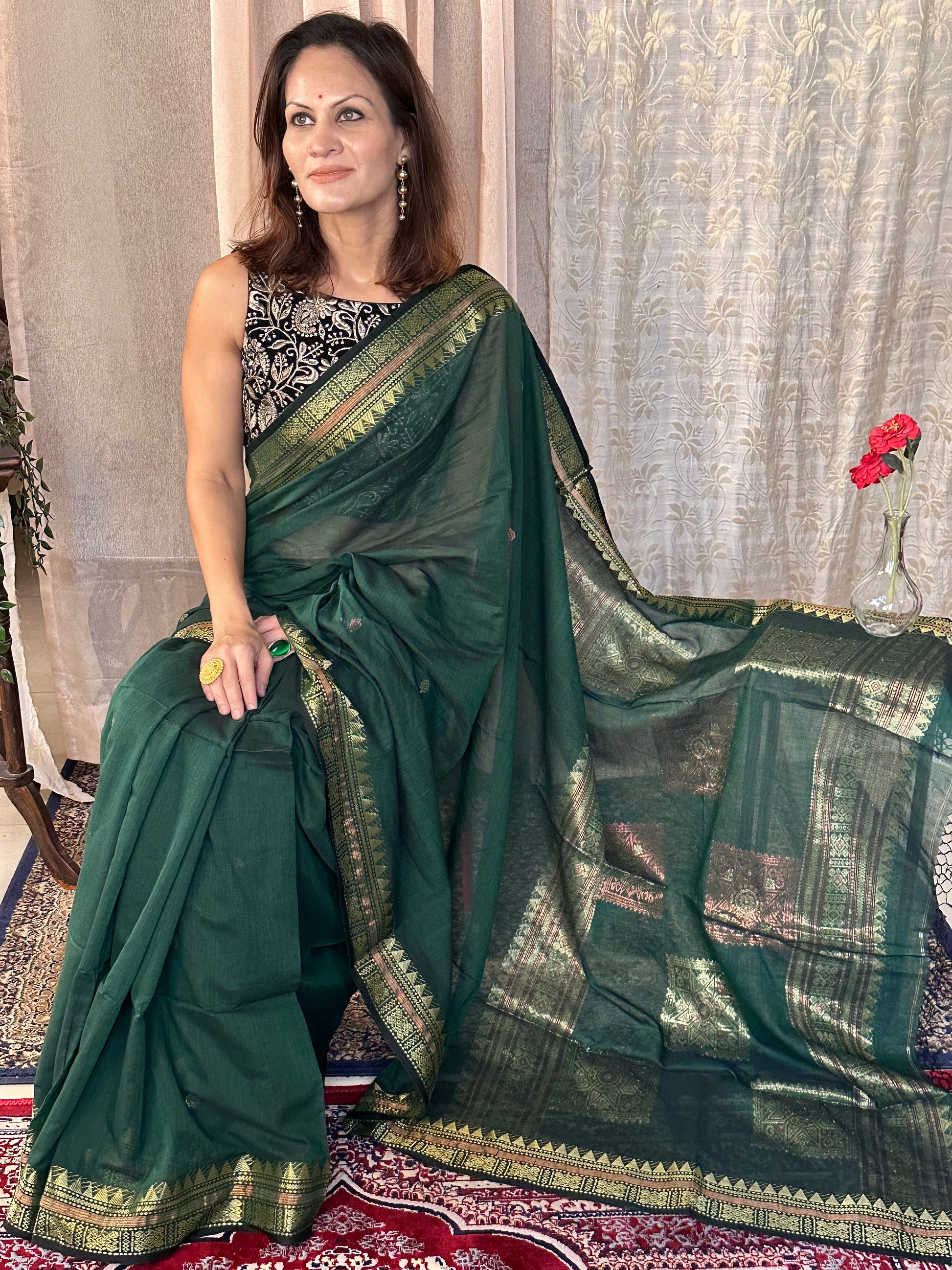 Green Pure Cotton Baluchari Sari with Gold & Copper Zari Work - Raahini