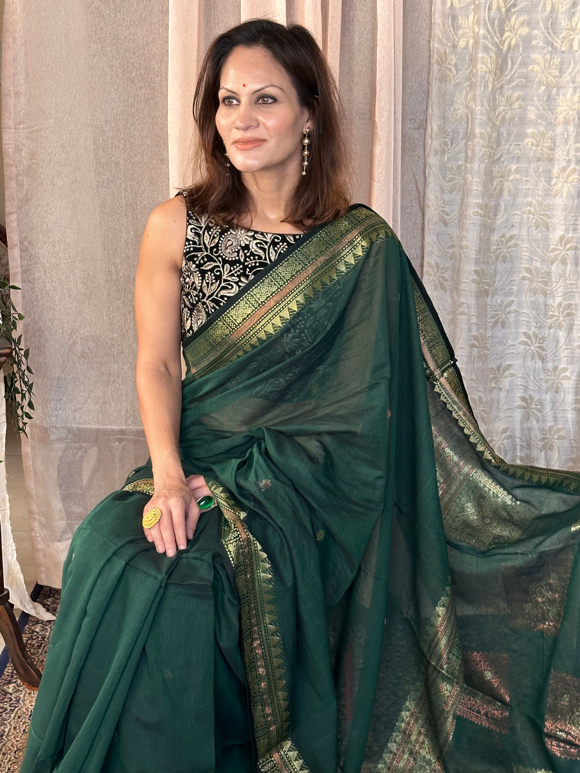 Green Pure Cotton Baluchari Sari with Gold & Copper Zari Work - Raahini