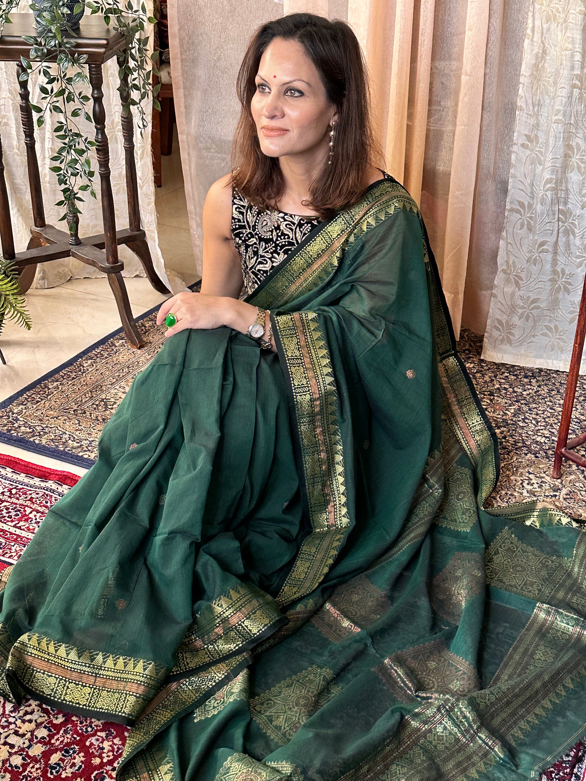 Green Pure Cotton Baluchari Sari with Gold & Copper Zari Work - Raahini