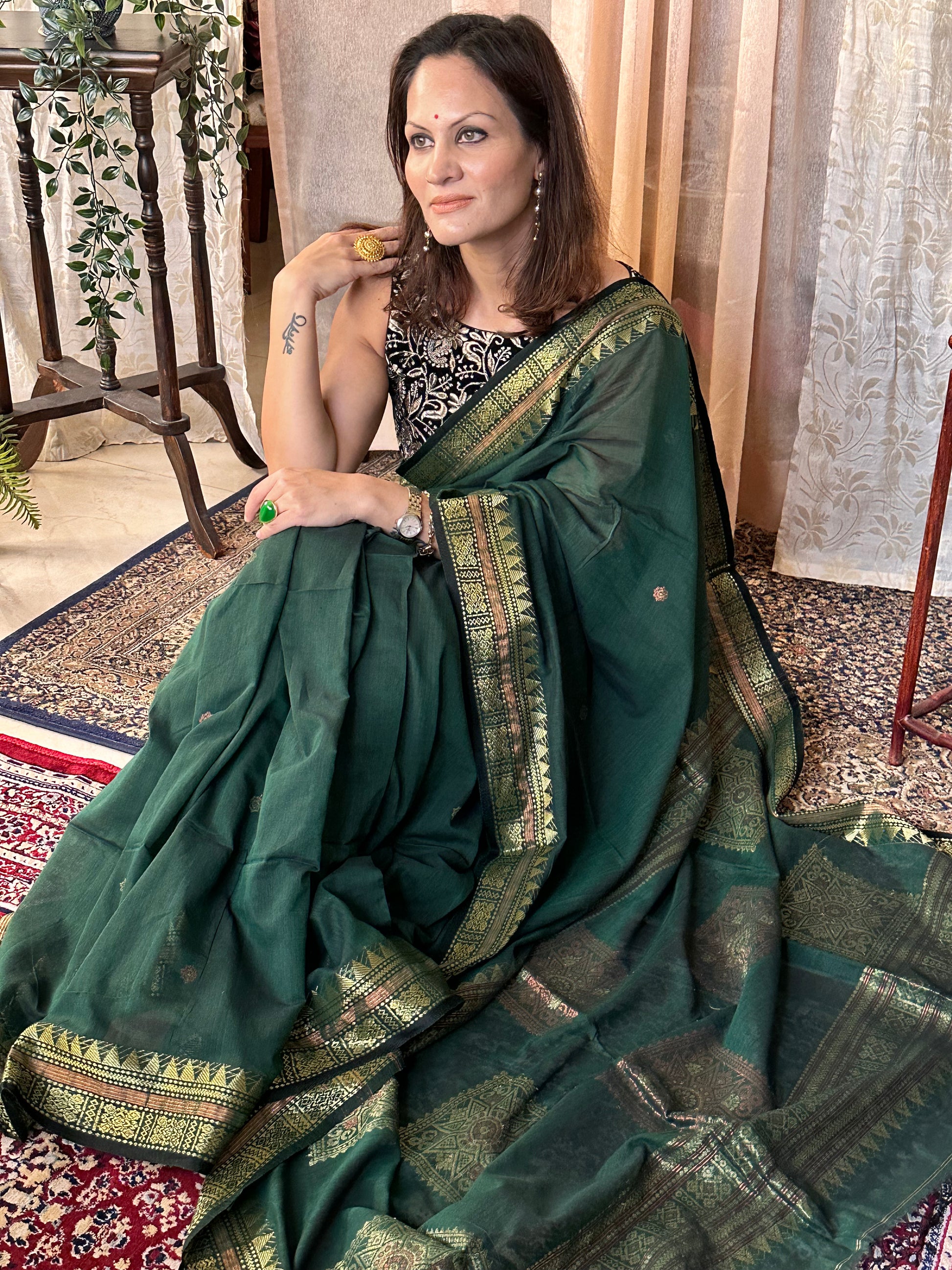 Green Pure Cotton Baluchari Sari with Gold & Copper Zari Work - Raahini