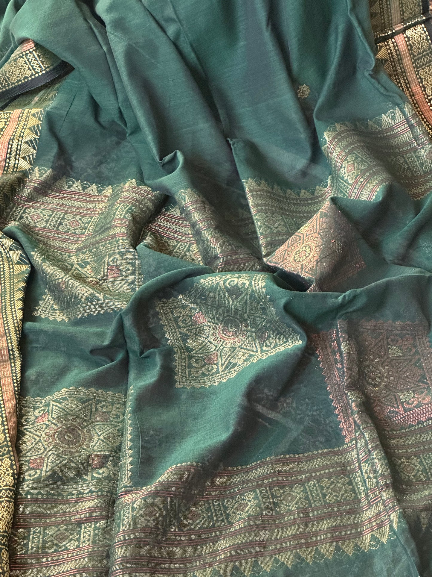 Green Pure Cotton Baluchari Sari with Gold & Copper Zari Work - Raahini