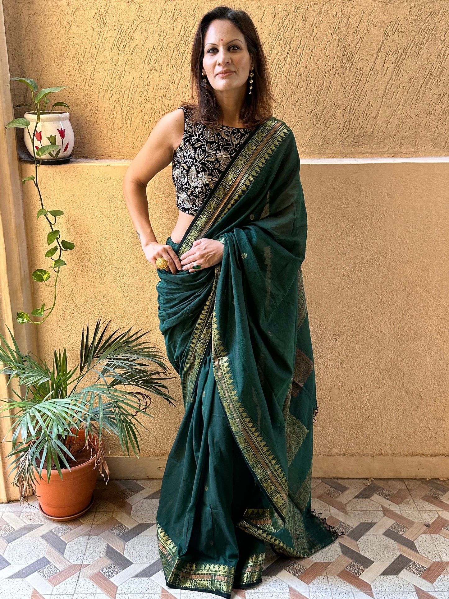 Green Pure Cotton Baluchari Sari with Gold & Copper Zari Work - Raahini