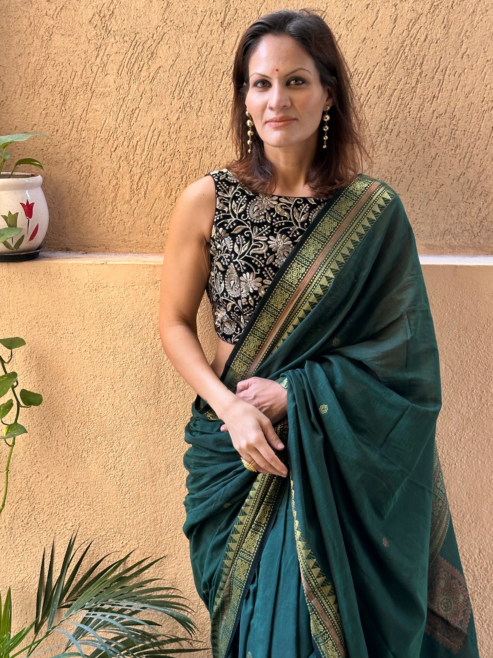 Green Pure Cotton Baluchari Sari with Gold & Copper Zari Work - Raahini