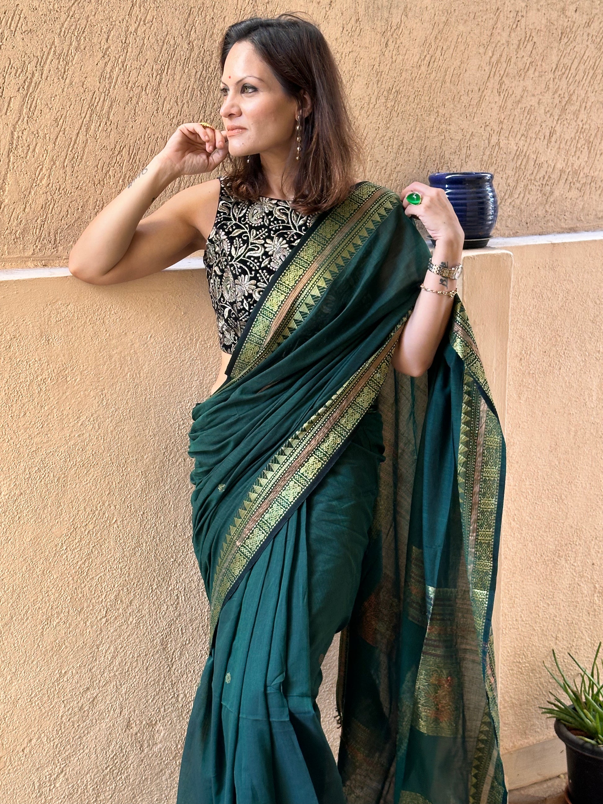 Green Pure Cotton Baluchari Sari with Gold & Copper Zari Work - Raahini