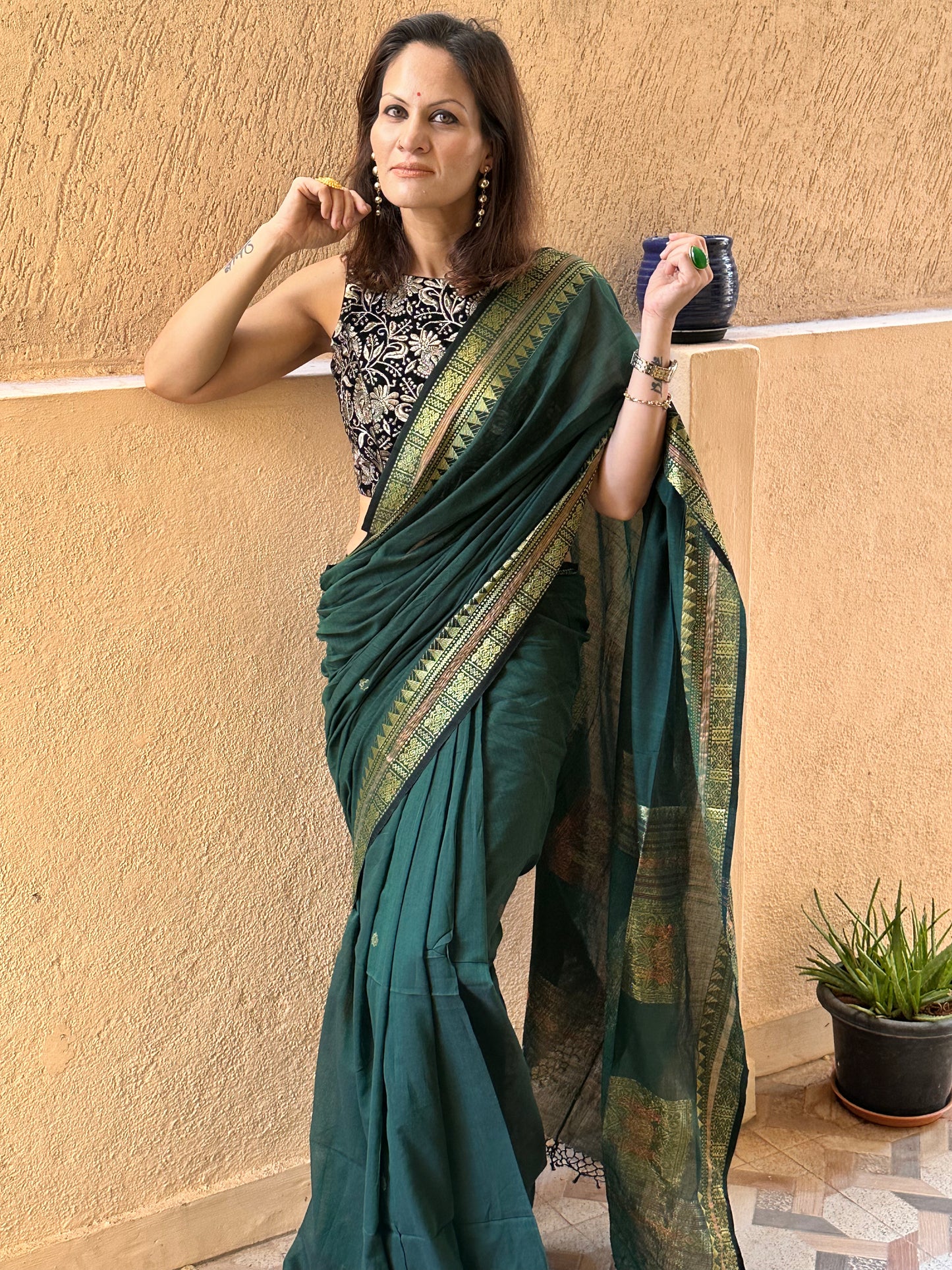 Green Pure Cotton Baluchari Sari with Gold & Copper Zari Work - Raahini