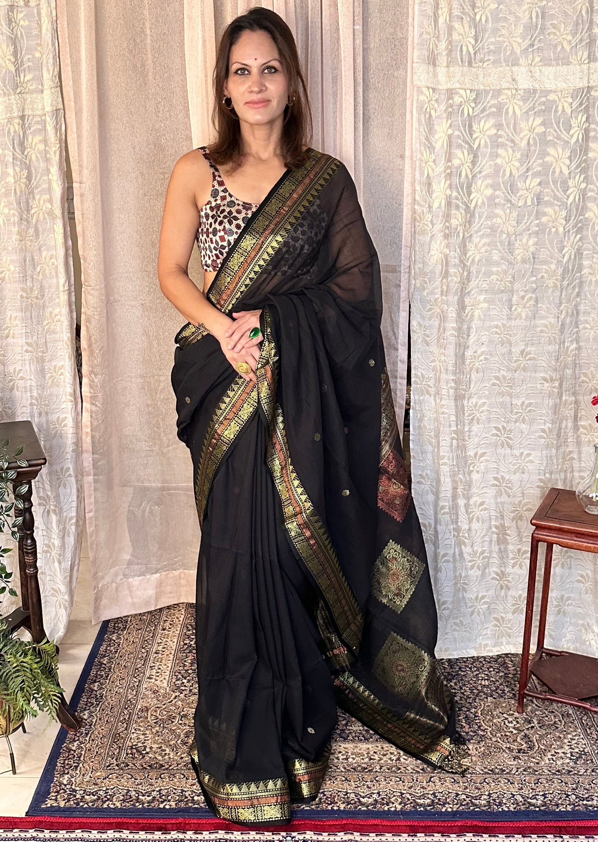 Black Pure Cotton Baluchari Sari with Gold & Copper Zari Work - Raahini