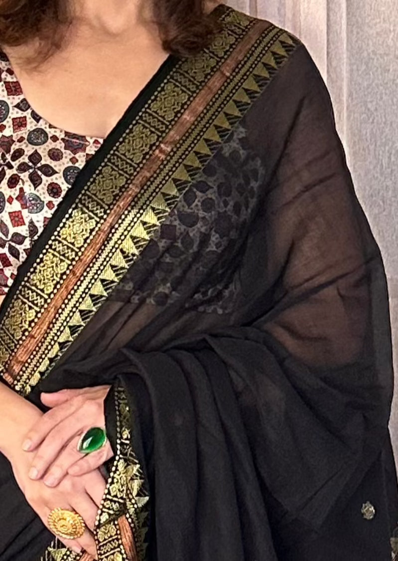 Black Pure Cotton Baluchari Sari with Gold & Copper Zari Work - Raahini