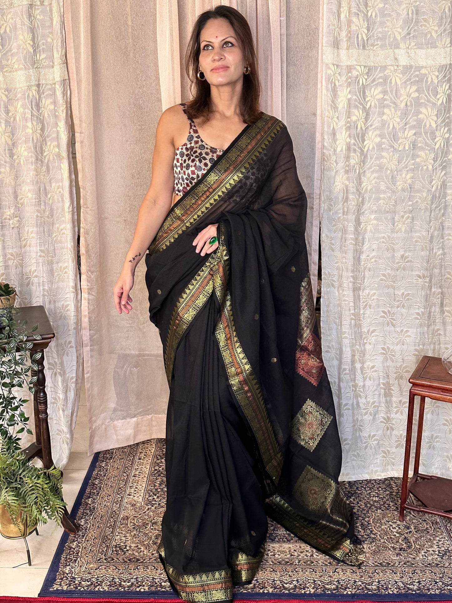 Black Pure Cotton Baluchari Sari with Gold & Copper Zari Work - Raahini