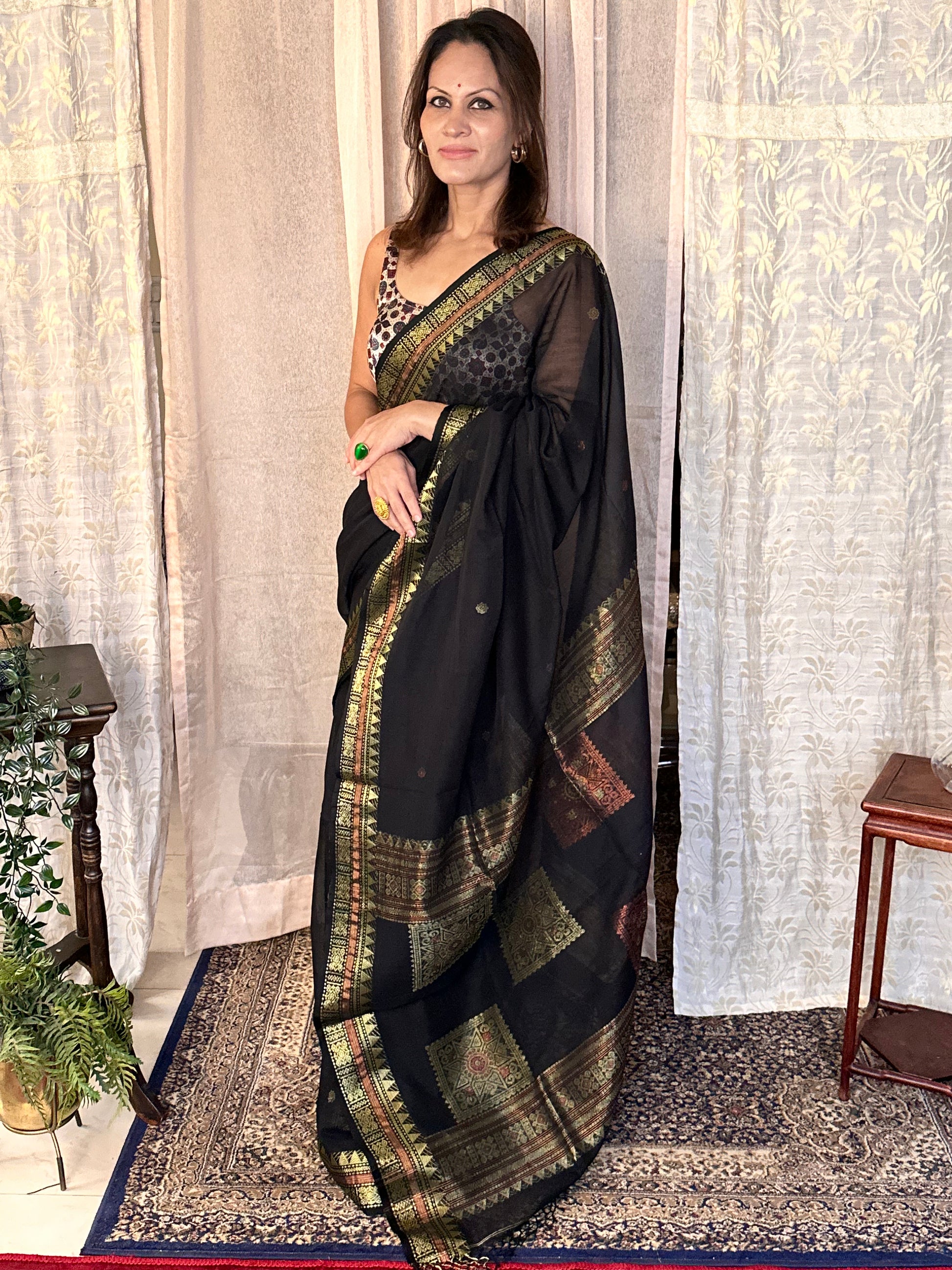 Black Pure Cotton Baluchari Sari with Gold & Copper Zari Work - Raahini