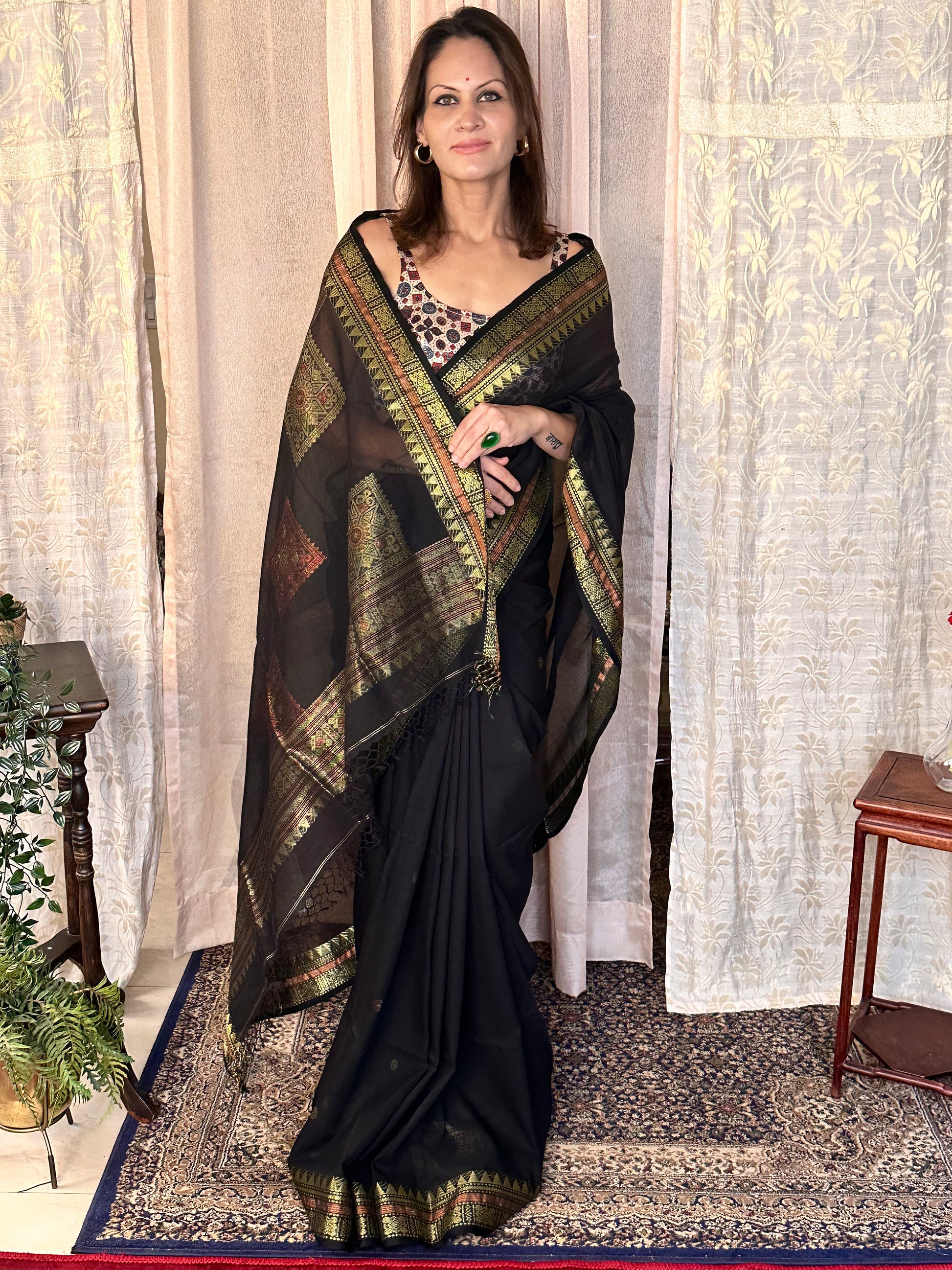 Black Pure Cotton Baluchari Sari with Gold & Copper Zari Work - Raahini