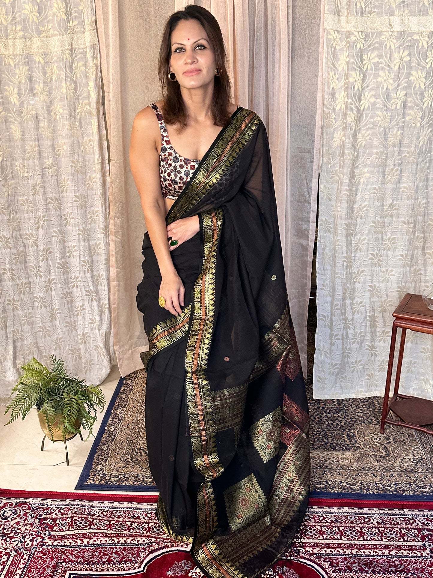 Black Pure Cotton Baluchari Sari with Gold & Copper Zari Work - Raahini