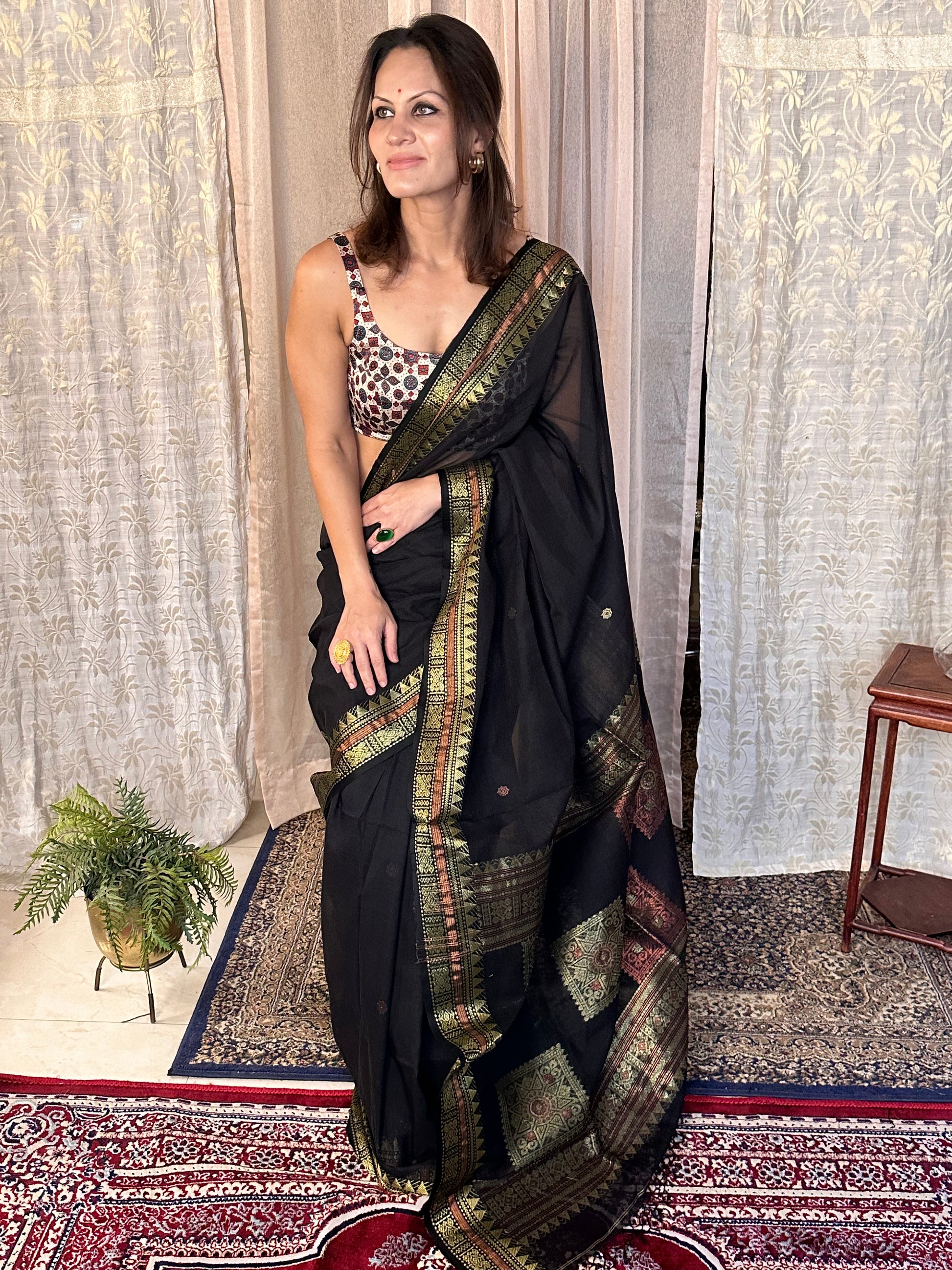 Black Pure Cotton Baluchari Sari with Gold & Copper Zari Work - Raahini