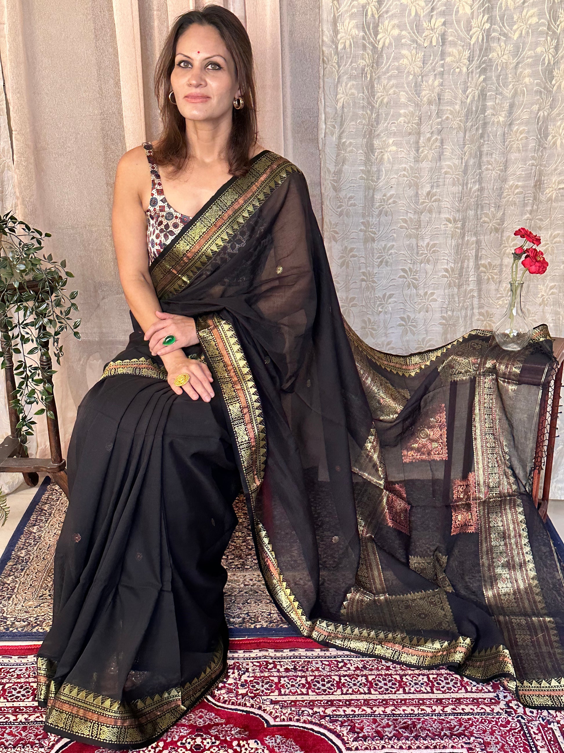 Black Pure Cotton Baluchari Sari with Gold & Copper Zari Work - Raahini