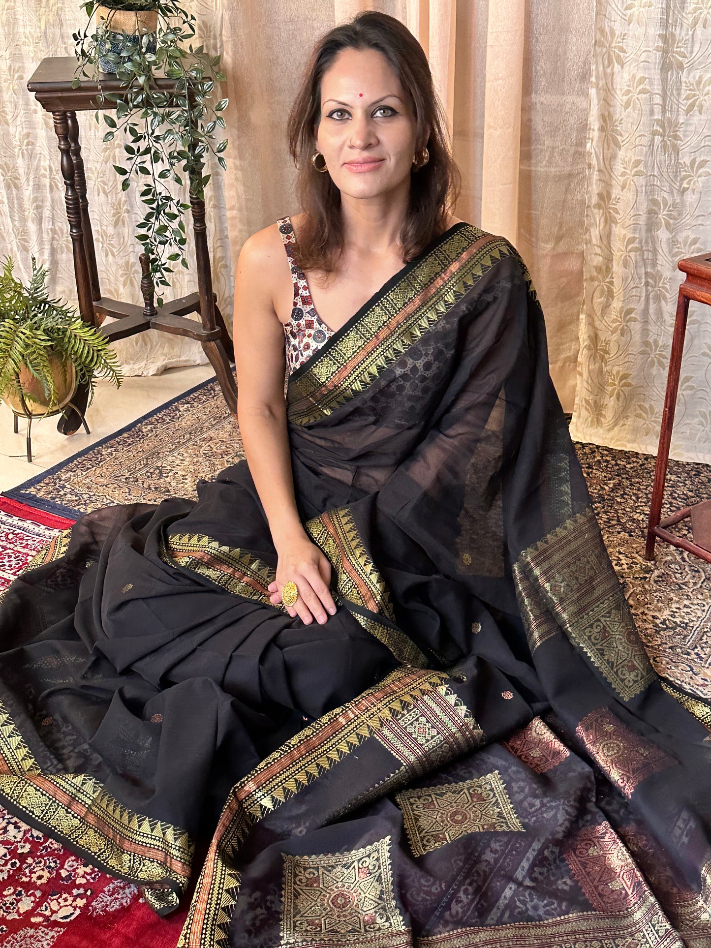 Black Pure Cotton Baluchari Sari with Gold & Copper Zari Work - Raahini