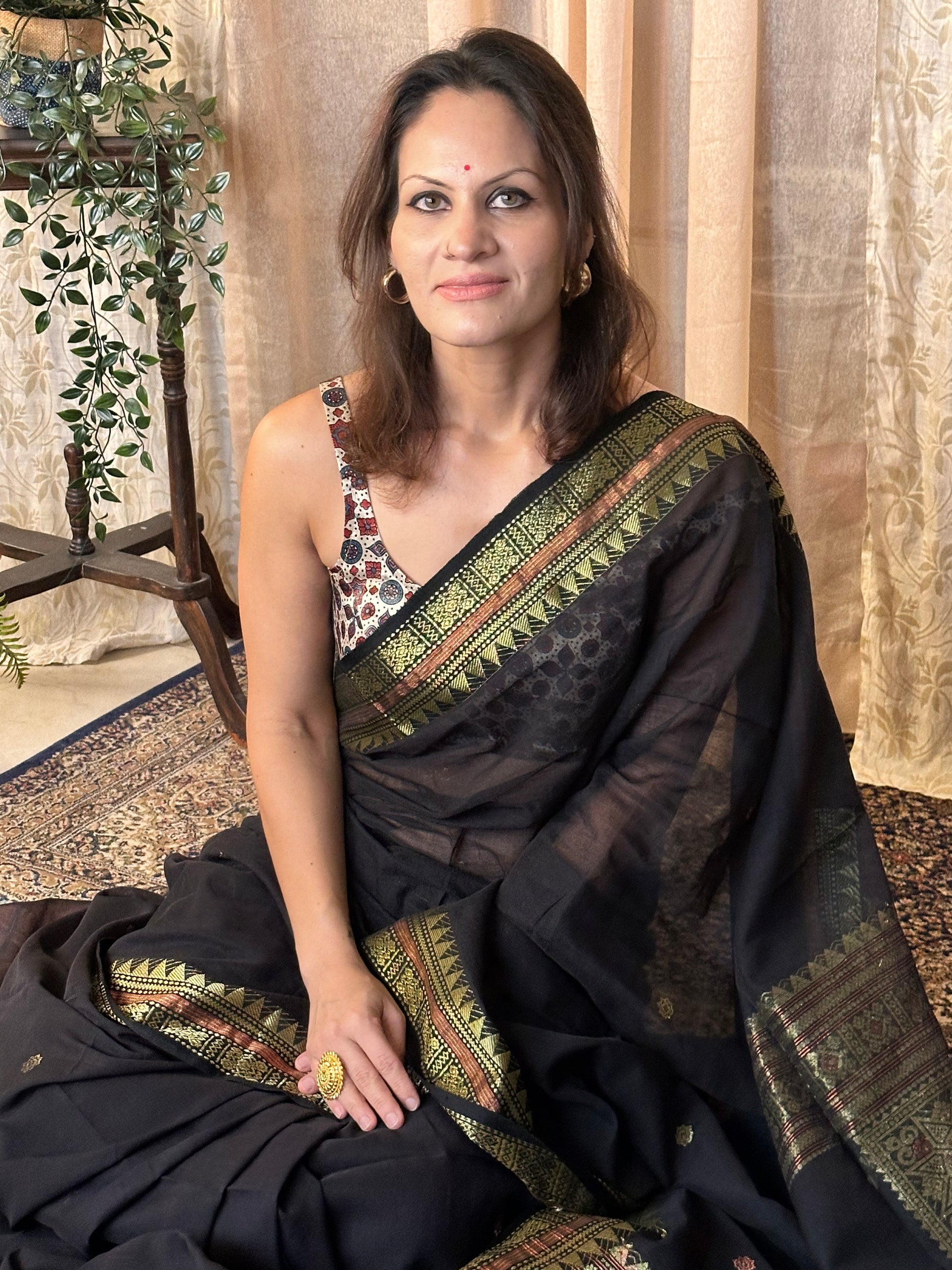 Black Pure Cotton Baluchari Sari with Gold & Copper Zari Work - Raahini