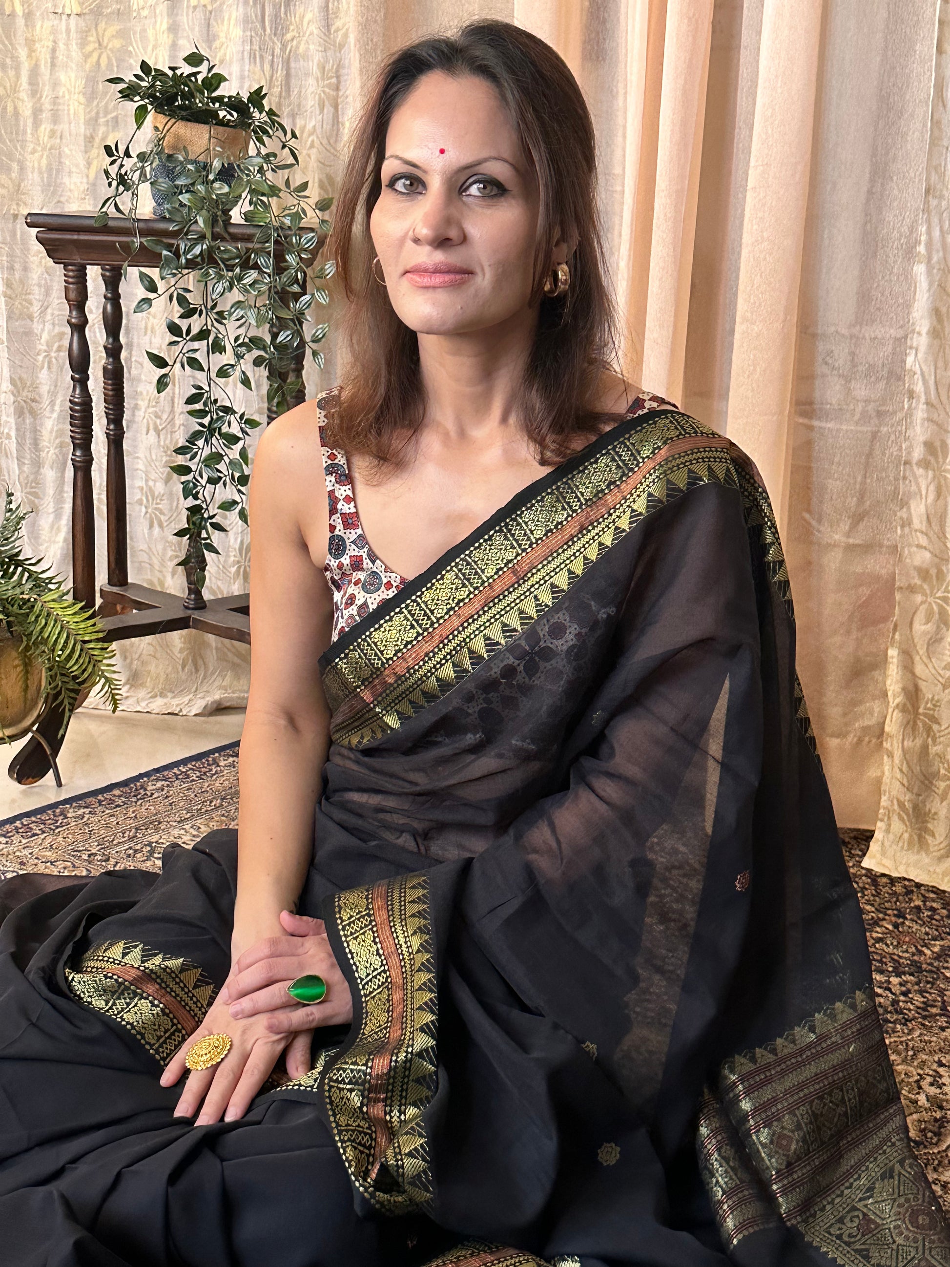 Black Pure Cotton Baluchari Sari with Gold & Copper Zari Work - Raahini