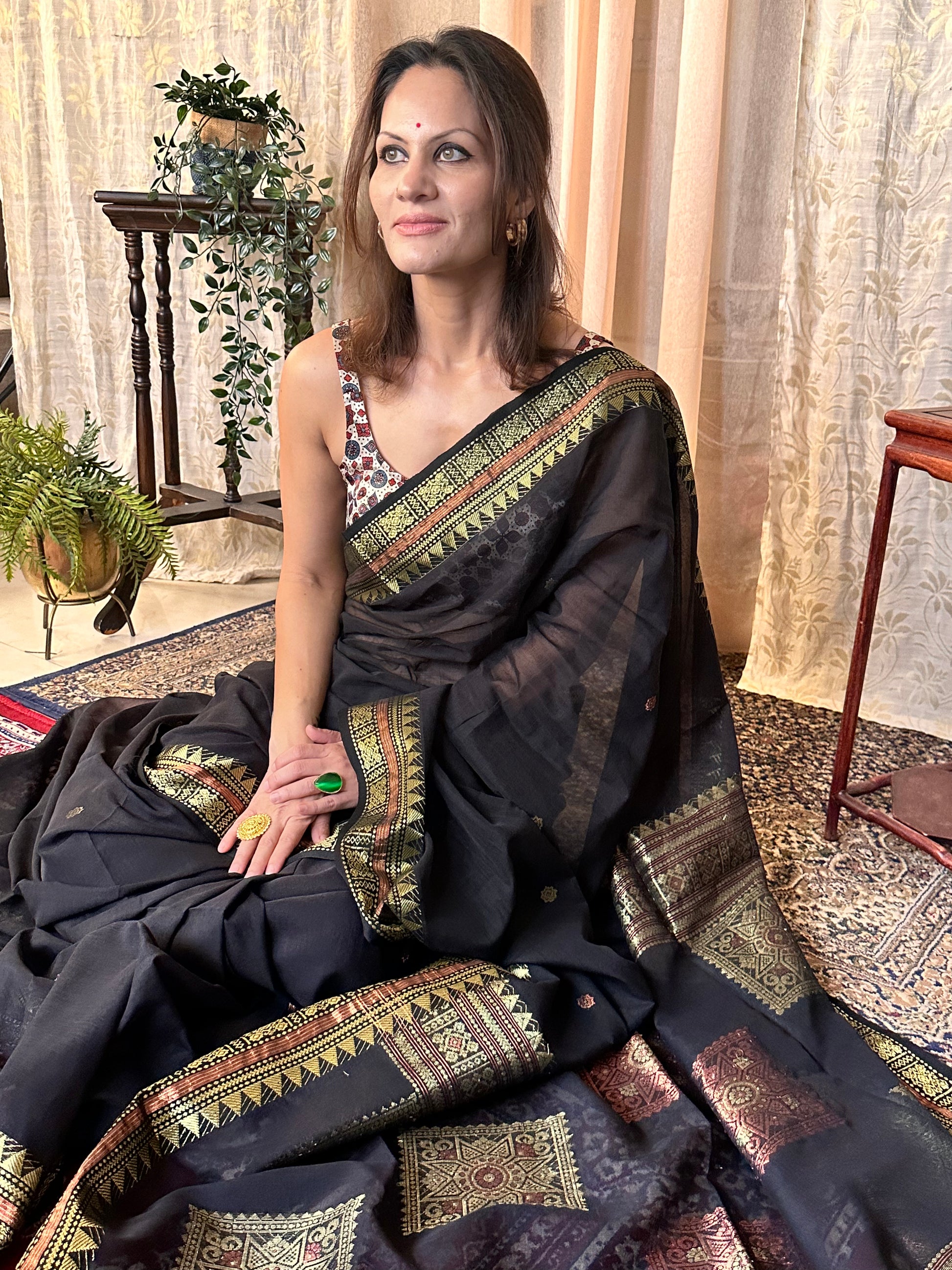 Black Pure Cotton Baluchari Sari with Gold & Copper Zari Work - Raahini