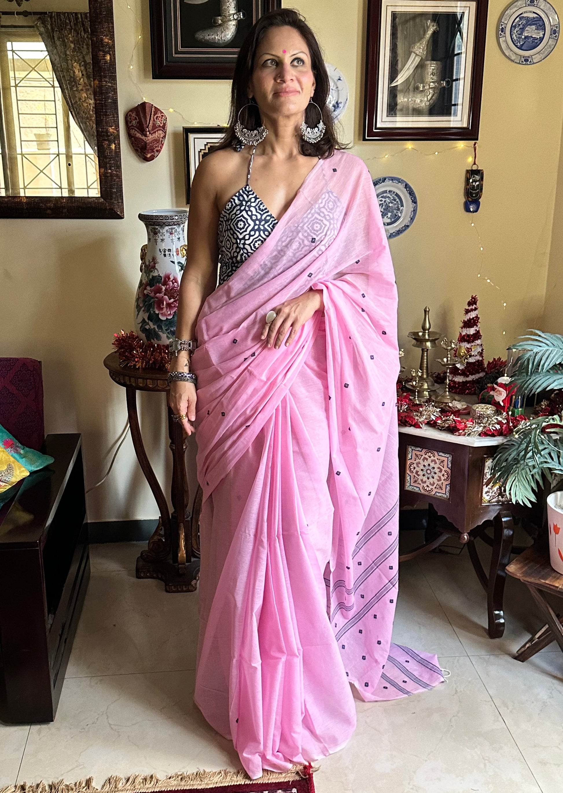 Hand spun pure Cotton jamdani sari with Butis - Raahini