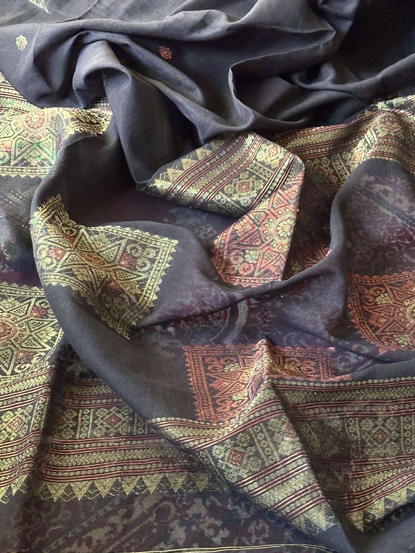 Black Pure Cotton Baluchari Sari with Gold & Copper Zari Work - Raahini