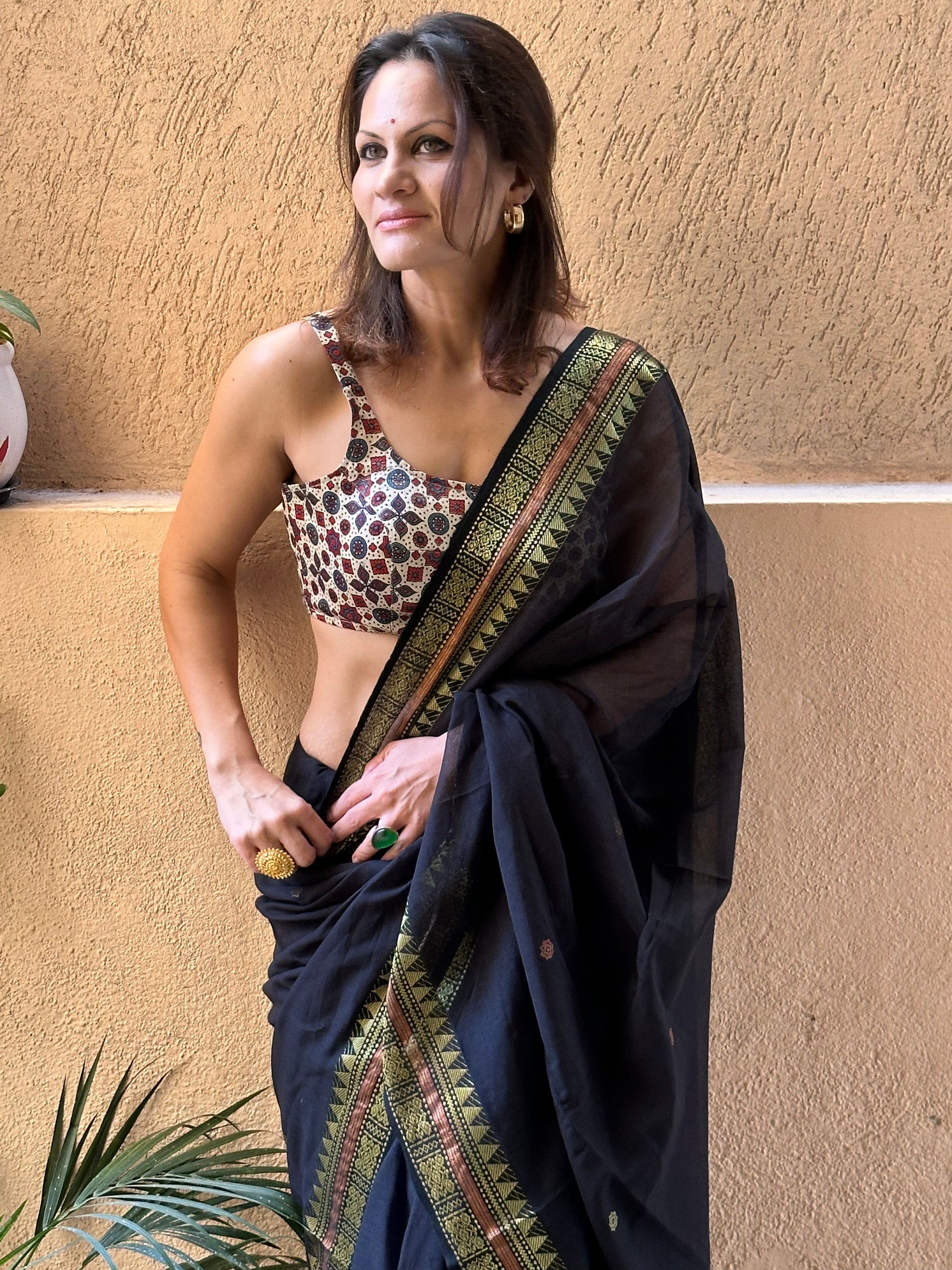 Black Pure Cotton Baluchari Sari with Gold & Copper Zari Work - Raahini