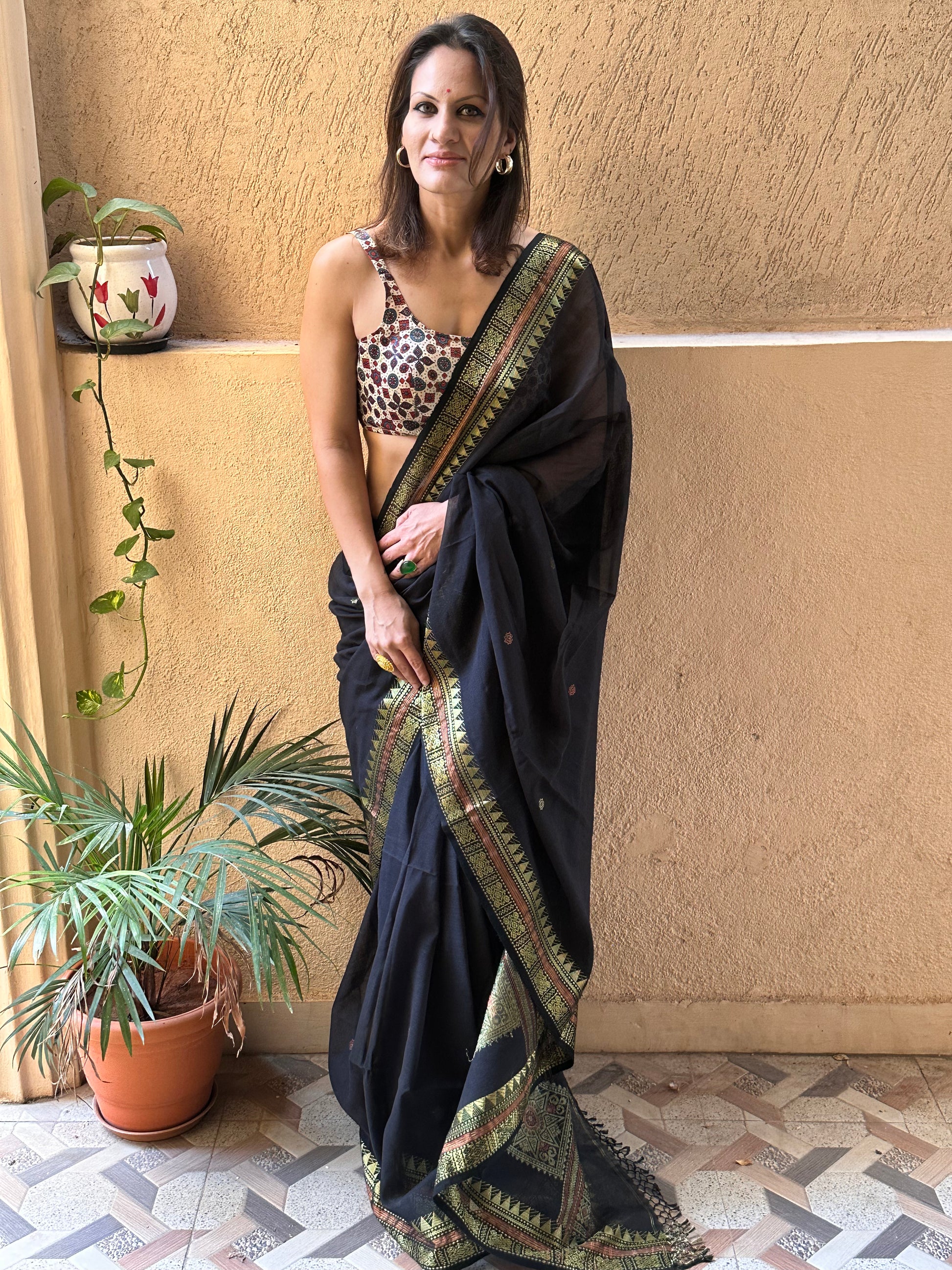 Black Pure Cotton Baluchari Sari with Gold & Copper Zari Work - Raahini