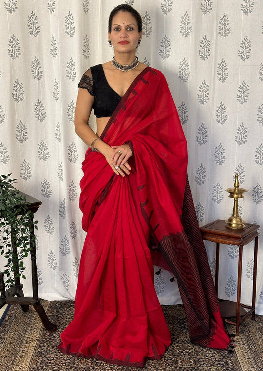 Red Pure Khaadi Silk Jamdani Saree with Black Woven Temple Border