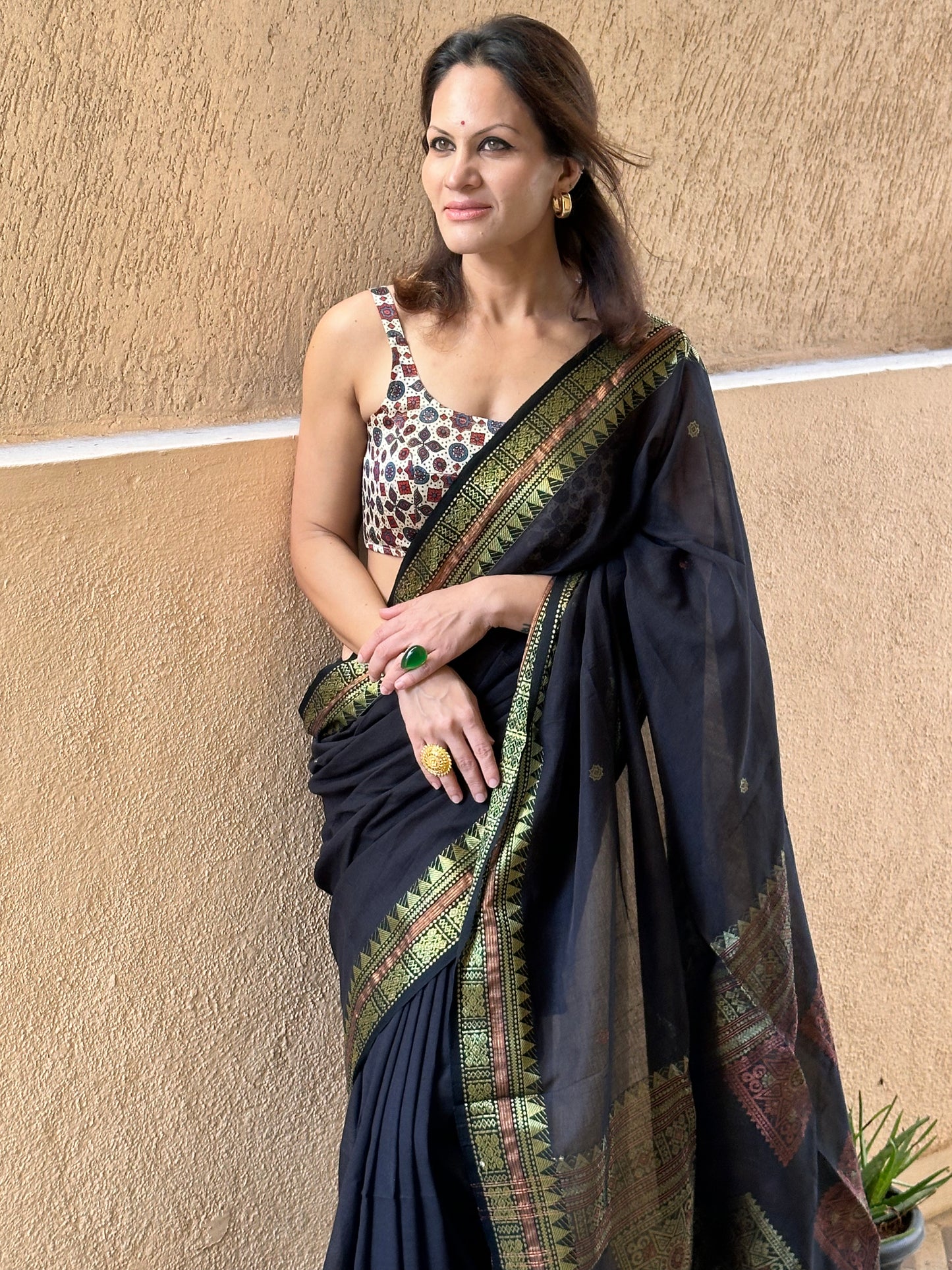 Black Pure Cotton Baluchari Sari with Gold & Copper Zari Work - Raahini