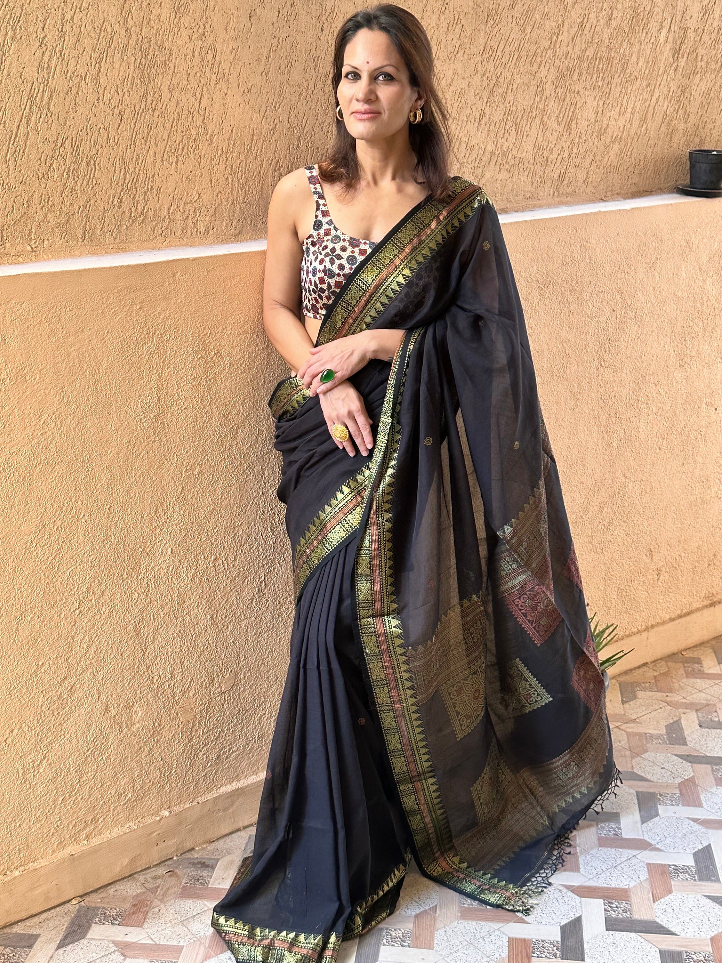 Black Pure Cotton Baluchari Sari with Gold & Copper Zari Work - Raahini