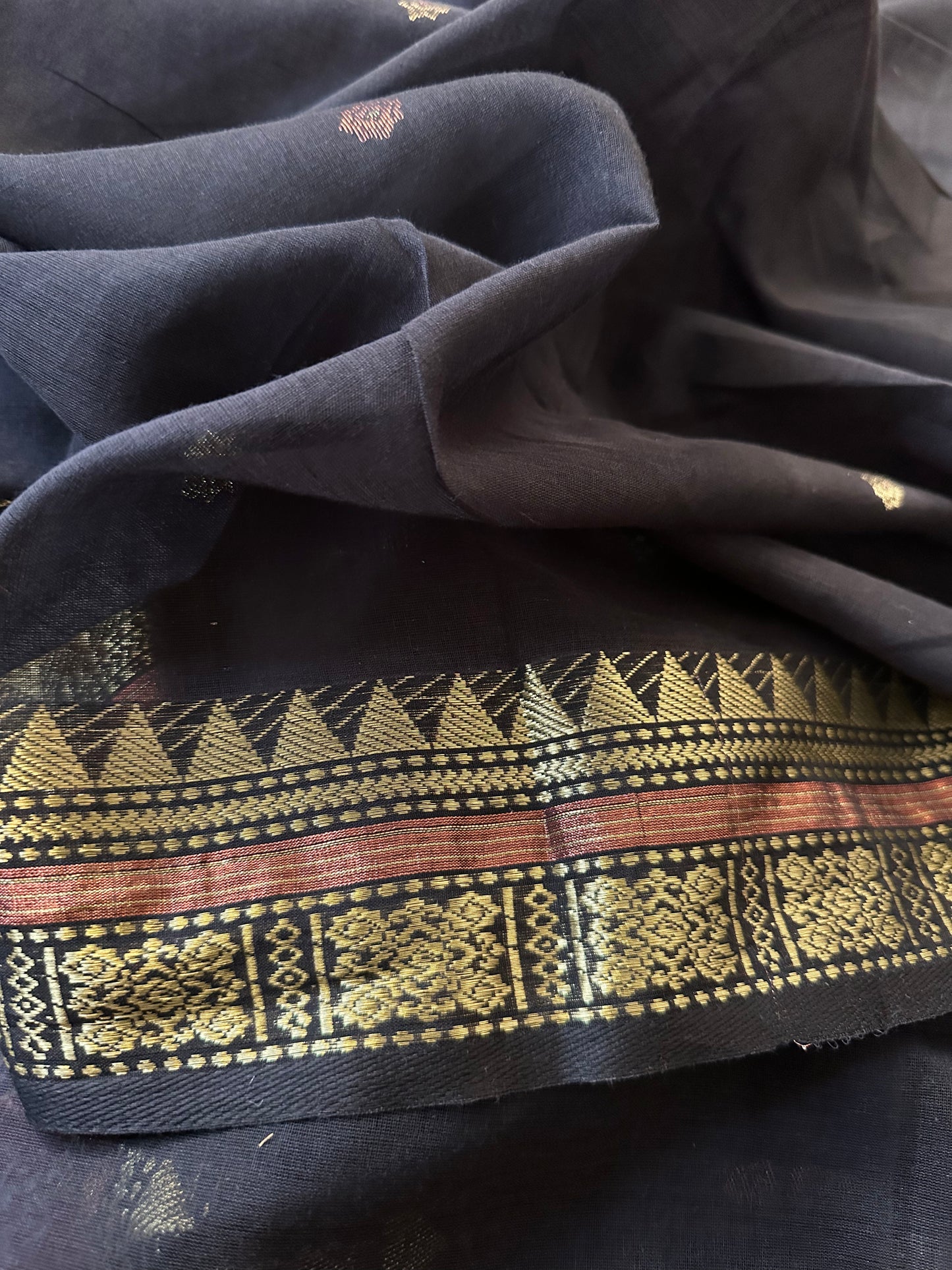 Black Pure Cotton Baluchari Sari with Gold & Copper Zari Work - Raahini