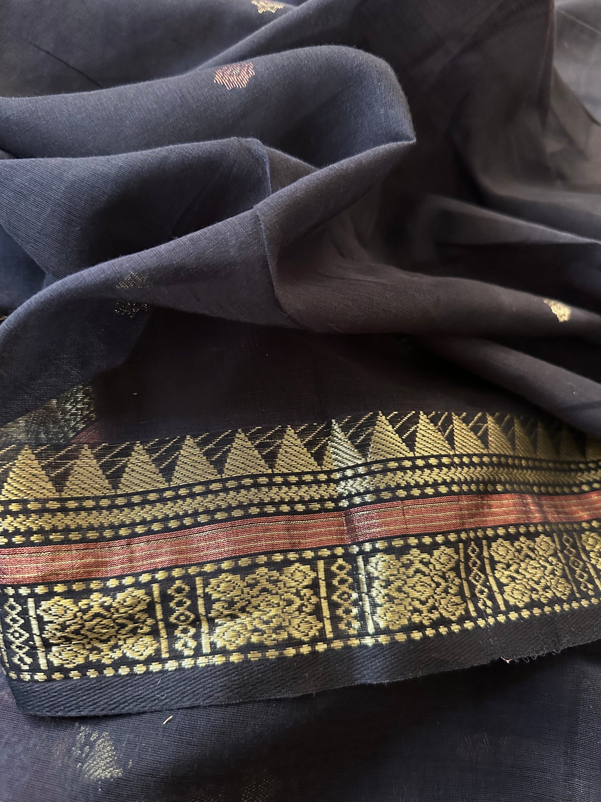 Black Pure Cotton Baluchari Sari with Gold & Copper Zari Work - Raahini