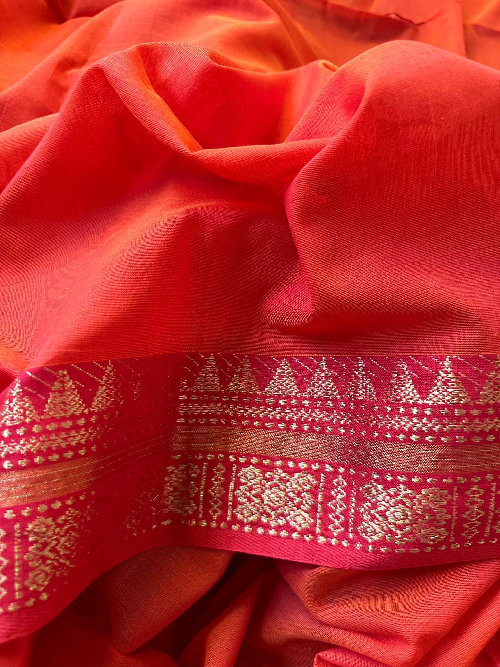 Orange Pure Cotton Baluchari Sari with Gold & Copper Zari Work - Raahini